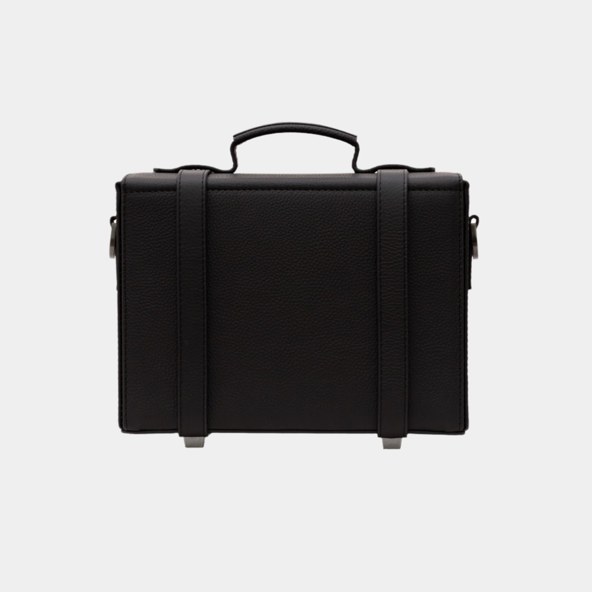 Back view of the structured Dobby satchel in black leather