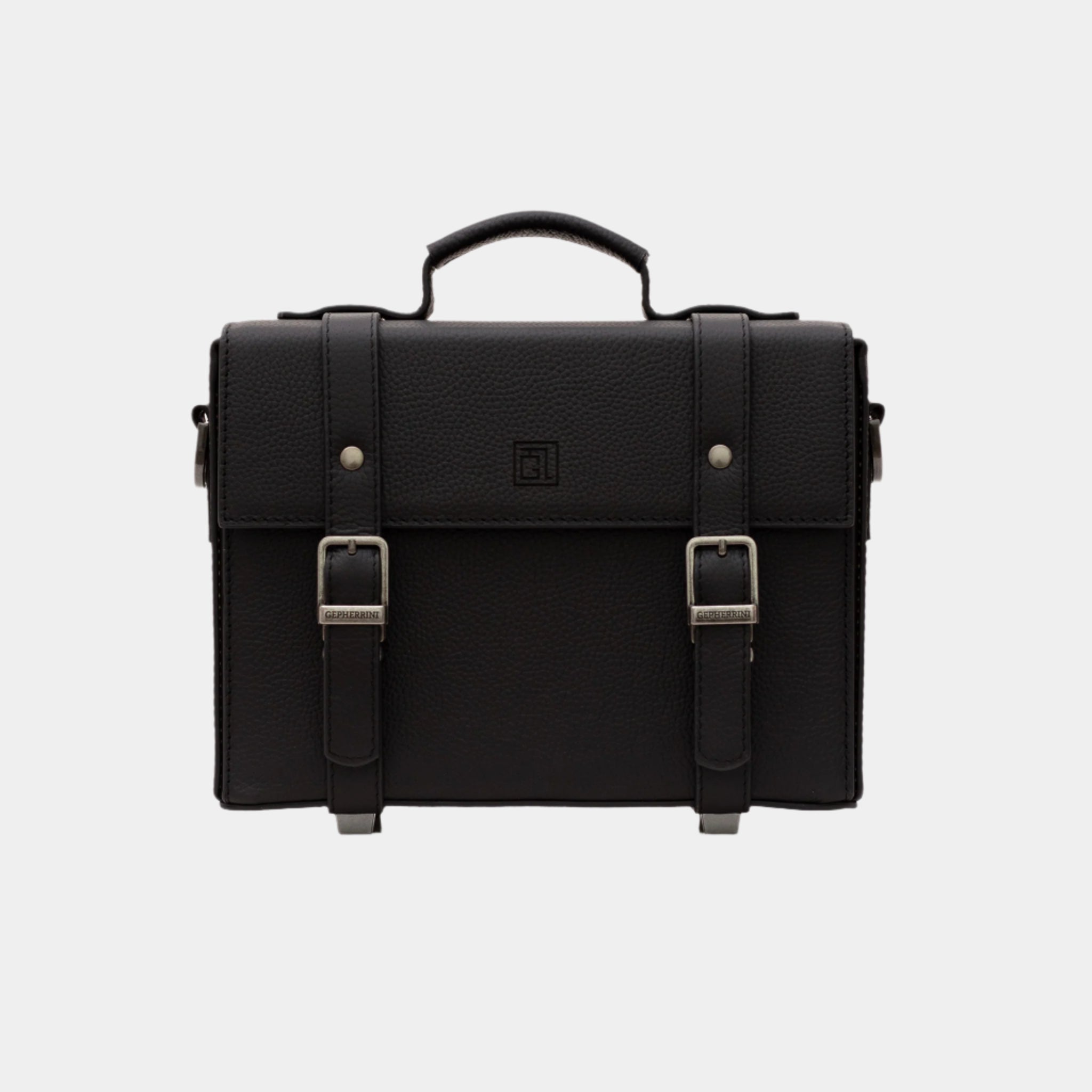 Front view of the Gepherrini Dobby bag in black pebbled leather with double buckle closure