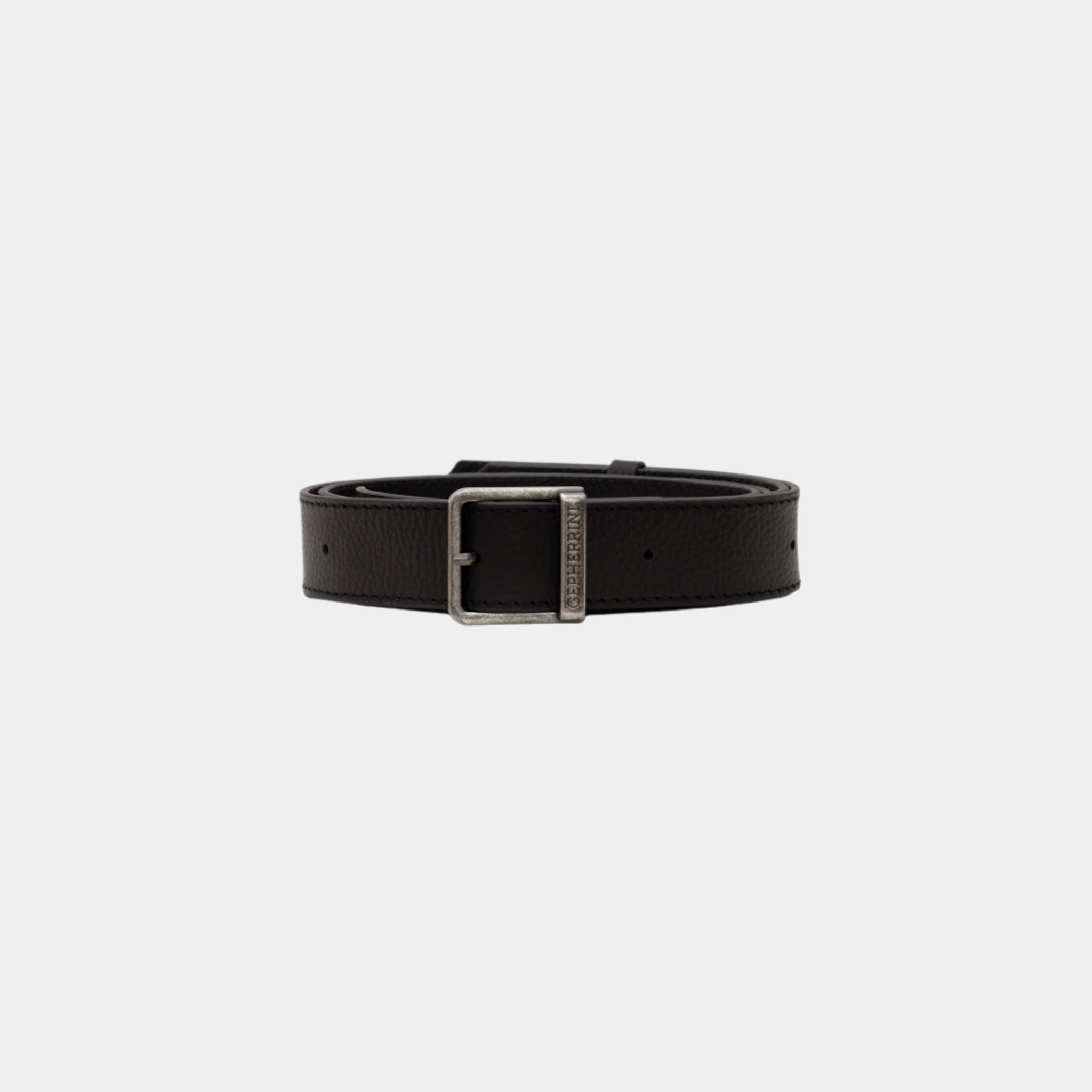 Adjustable black leather strap with silver Gepherrini-engraved buckle
