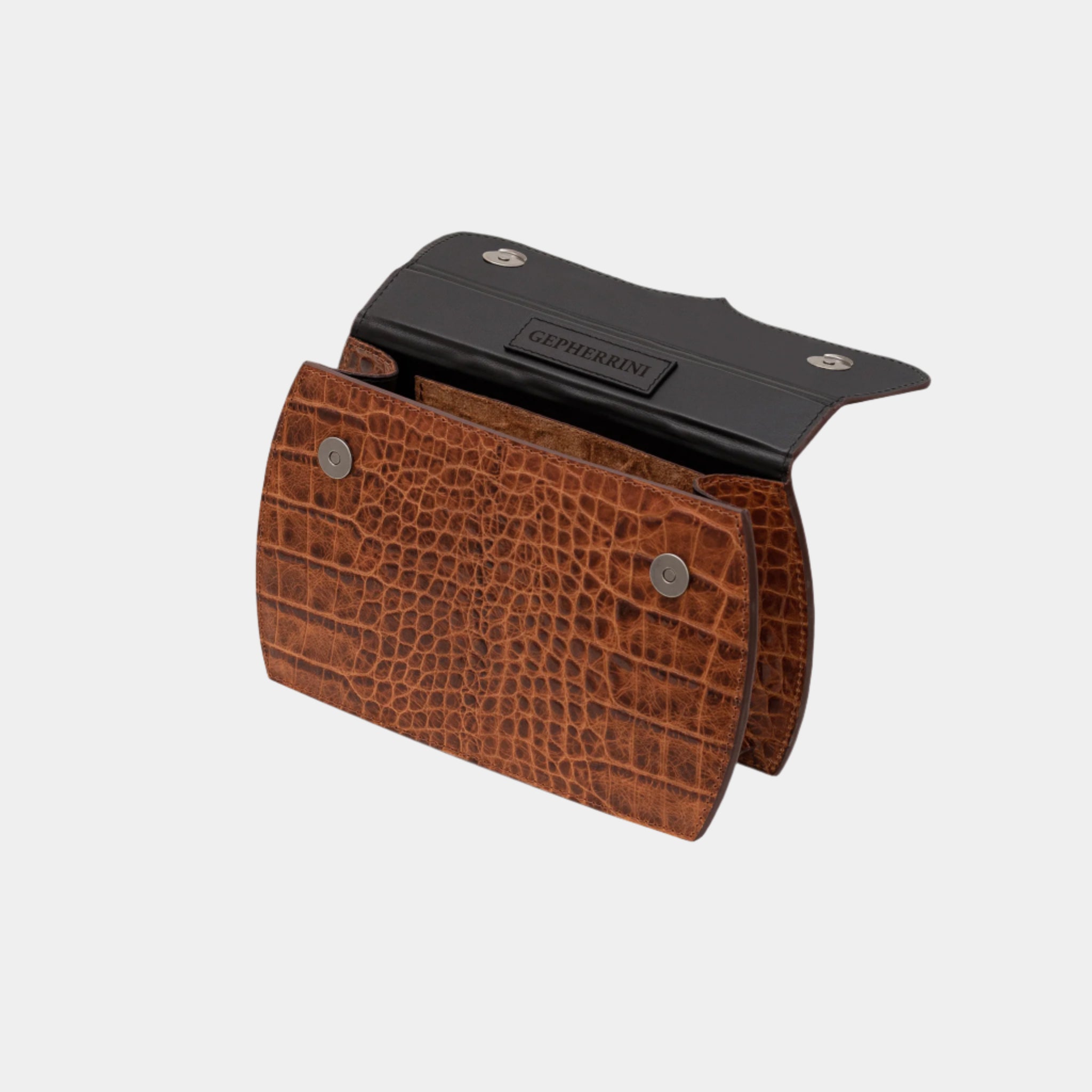 Open view of Gabriella bag highlighting spacious compartments and magnetic closure