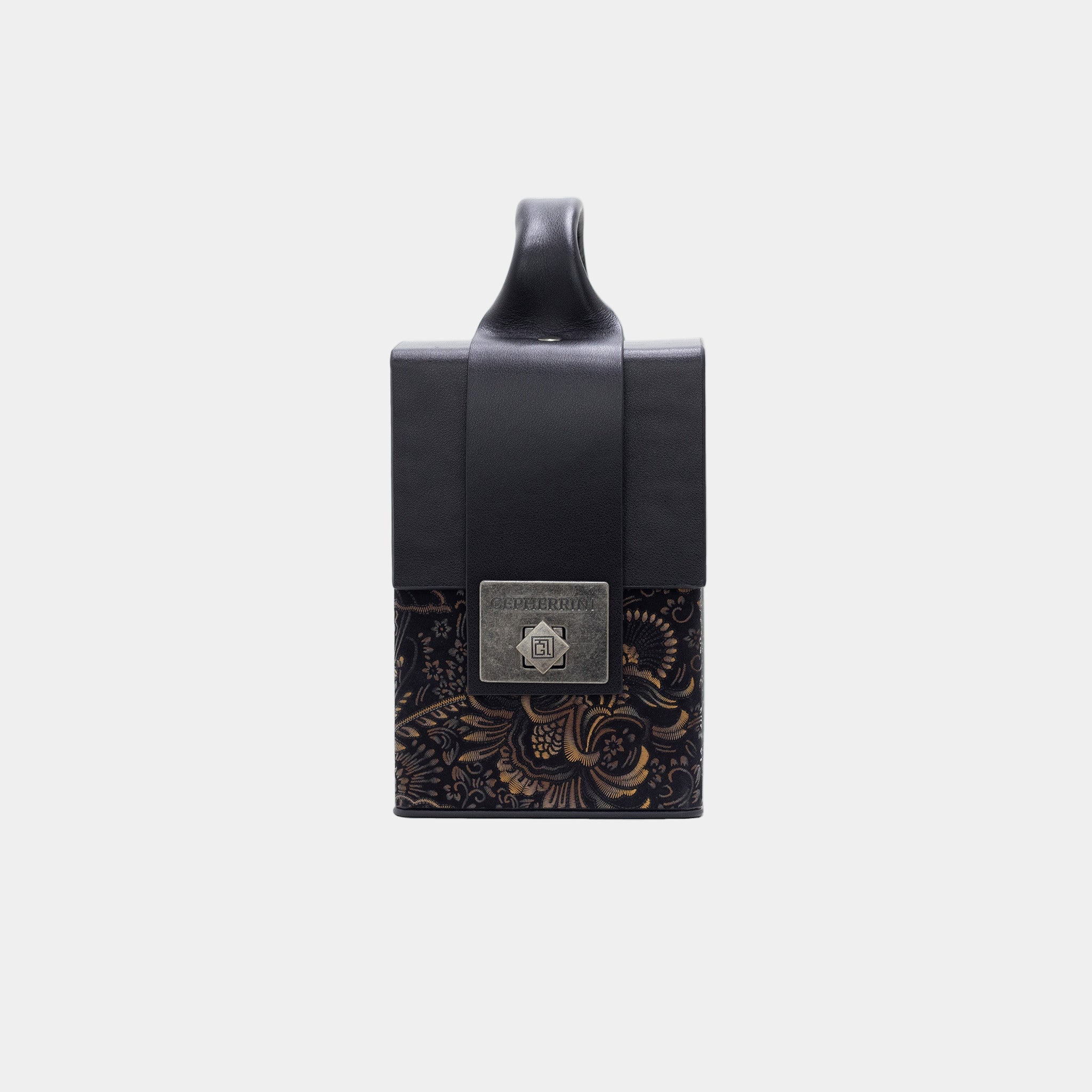 Aneta bag front view – black genuine leather with floral embossed lower half and antique silver Gepherrini plaque