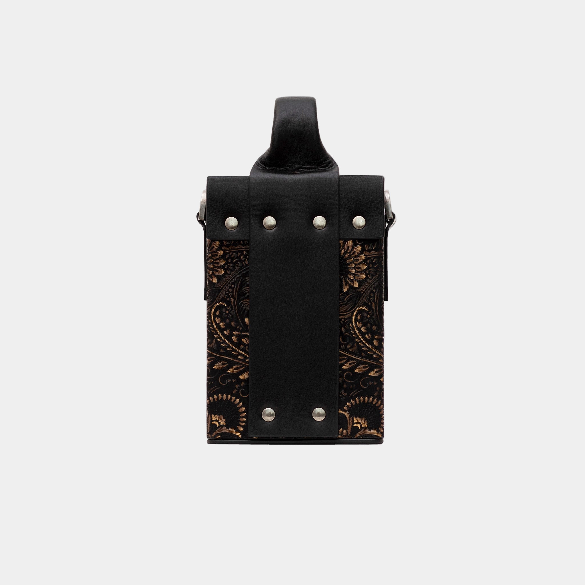 Aneta bag back view – black leather back strap with silver rivet detailing