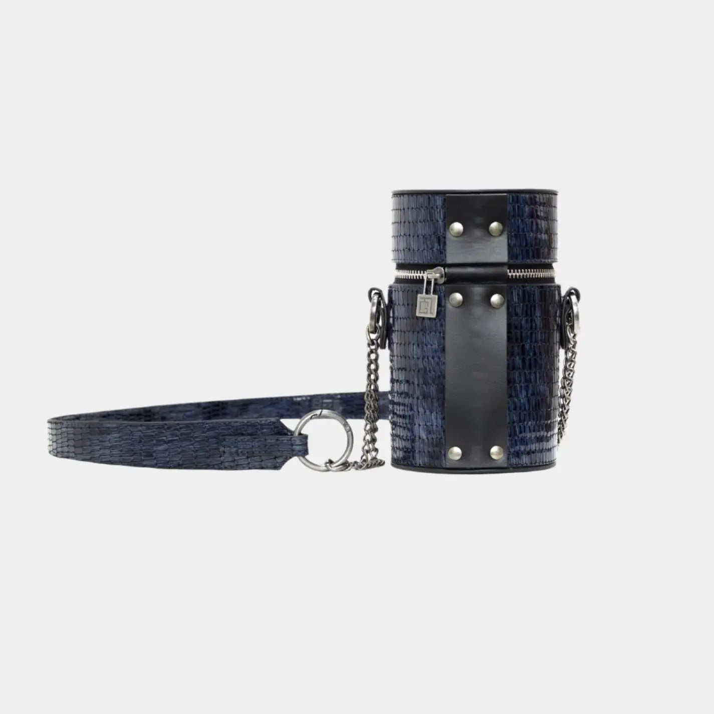Rear view of Baia blue croc-embossed leather shoulder bag with vertical black leather panel