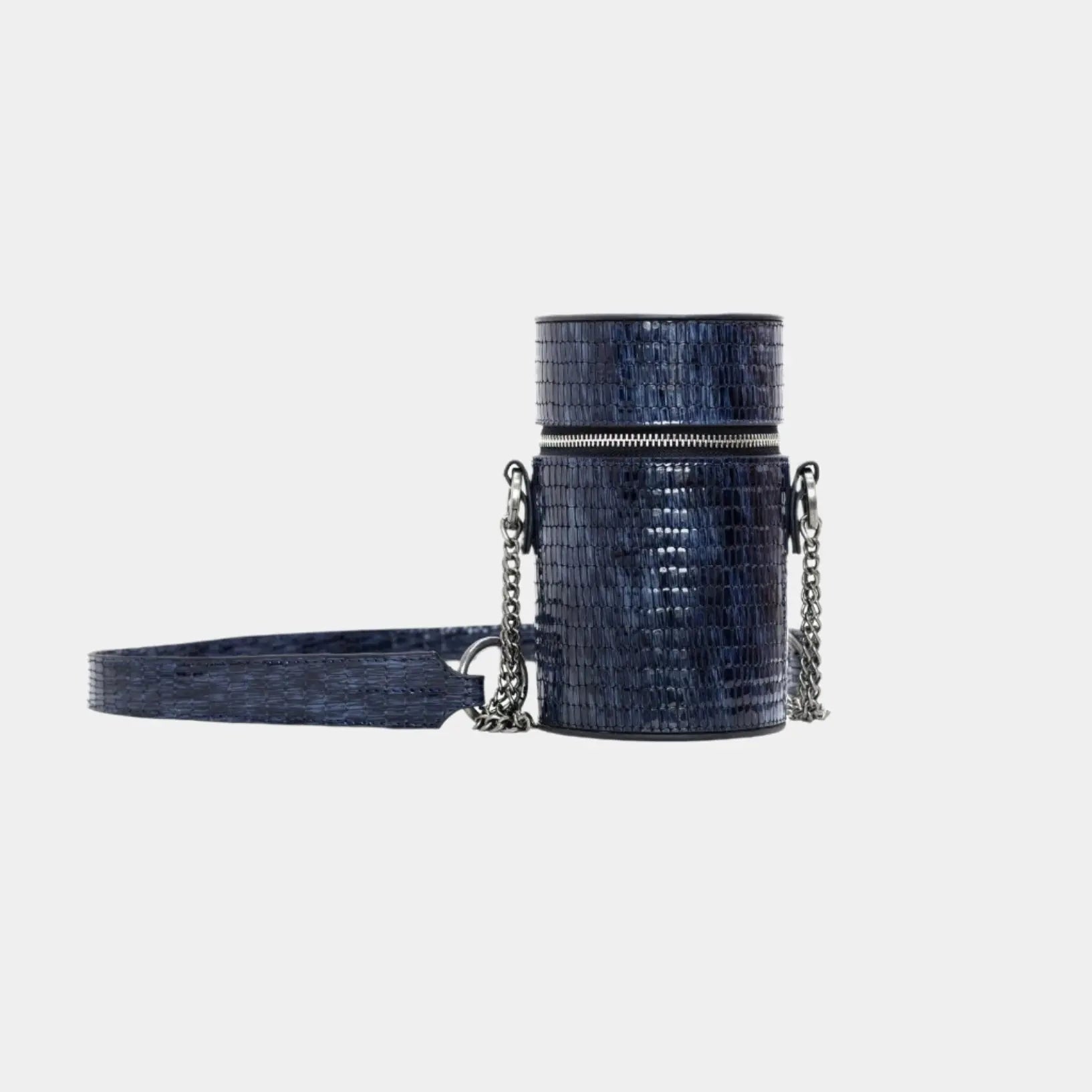 Front view of Baia blue croc-embossed leather cylindrical shoulder bag with chain strap