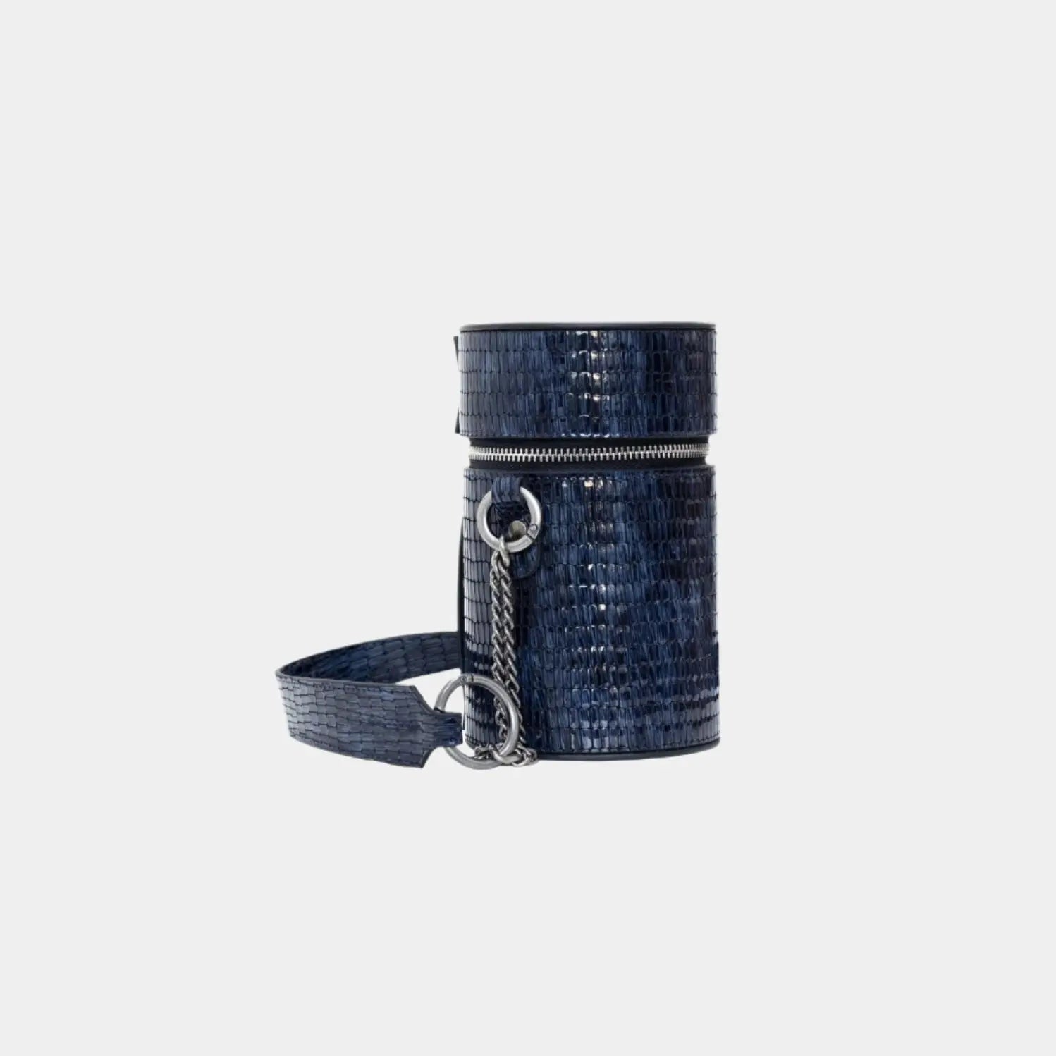 Side profile of Baia structured blue croc leather handbag with strap
