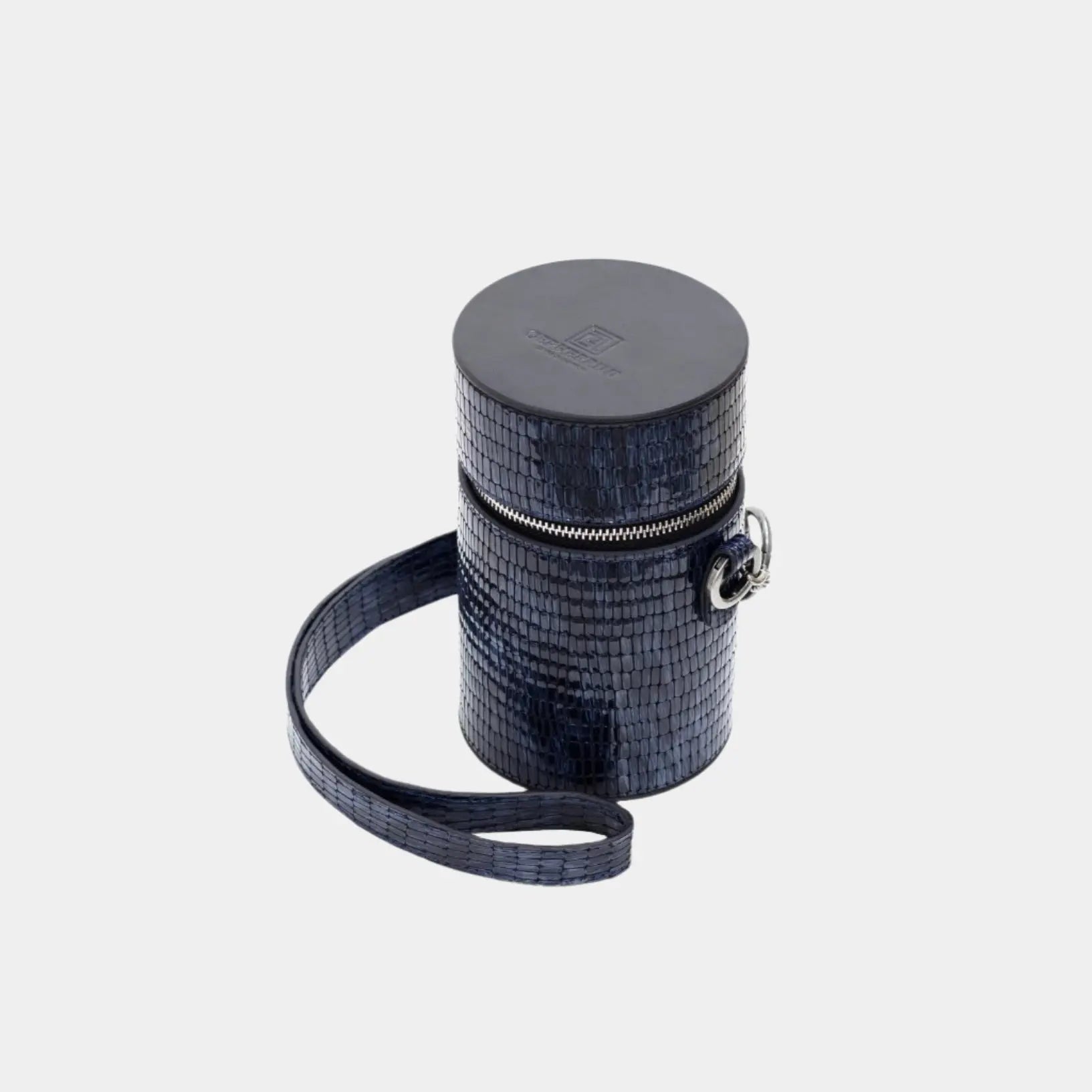 Top view of Baia shoulder bag in shiny blue croc-embossed leather with circular lid