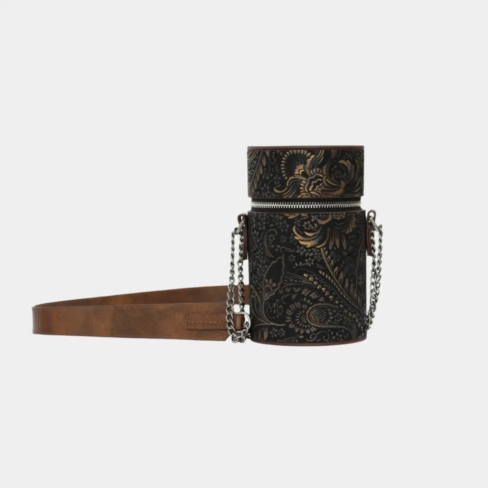 Front view of Baia brown cylindrical embossed leather shoulder bag with floral motif