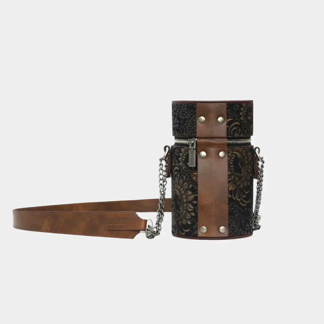 Back view of Baia brown leather crossbody handbag with embossed floral design and rivet detail