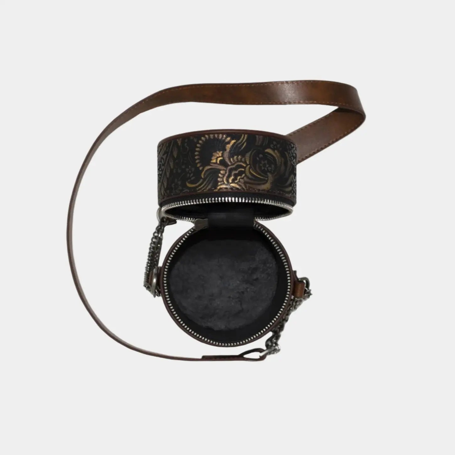Open view of Baia brown leather handbag showing round black-lined interior