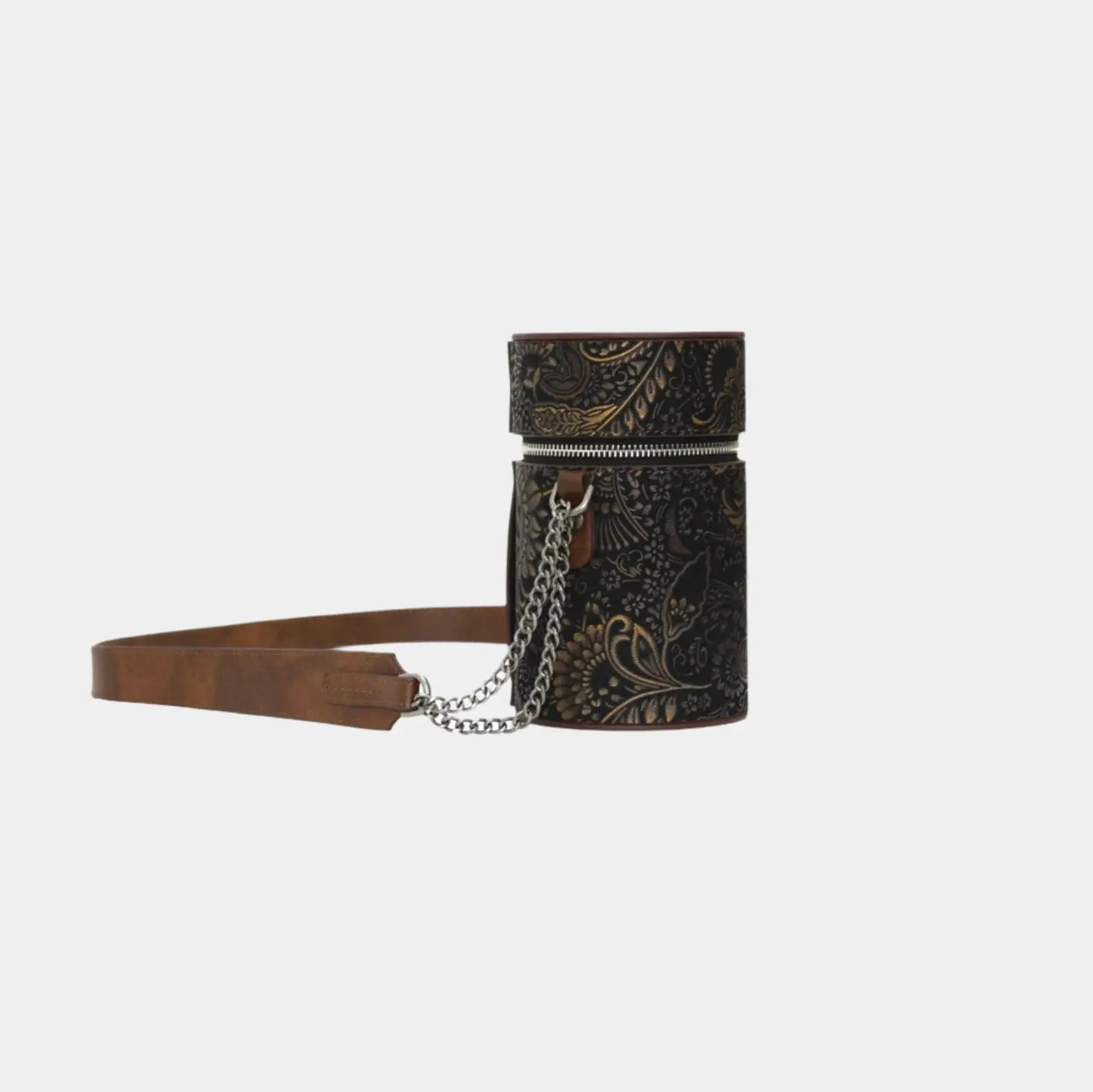 Side view of Baia brown cylindrical leather shoulder bag with silver chain detail