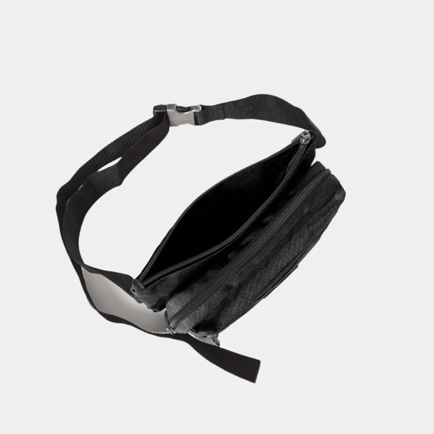 Top-down open view of Bellamy black crossbody bag showcasing spacious dual compartments