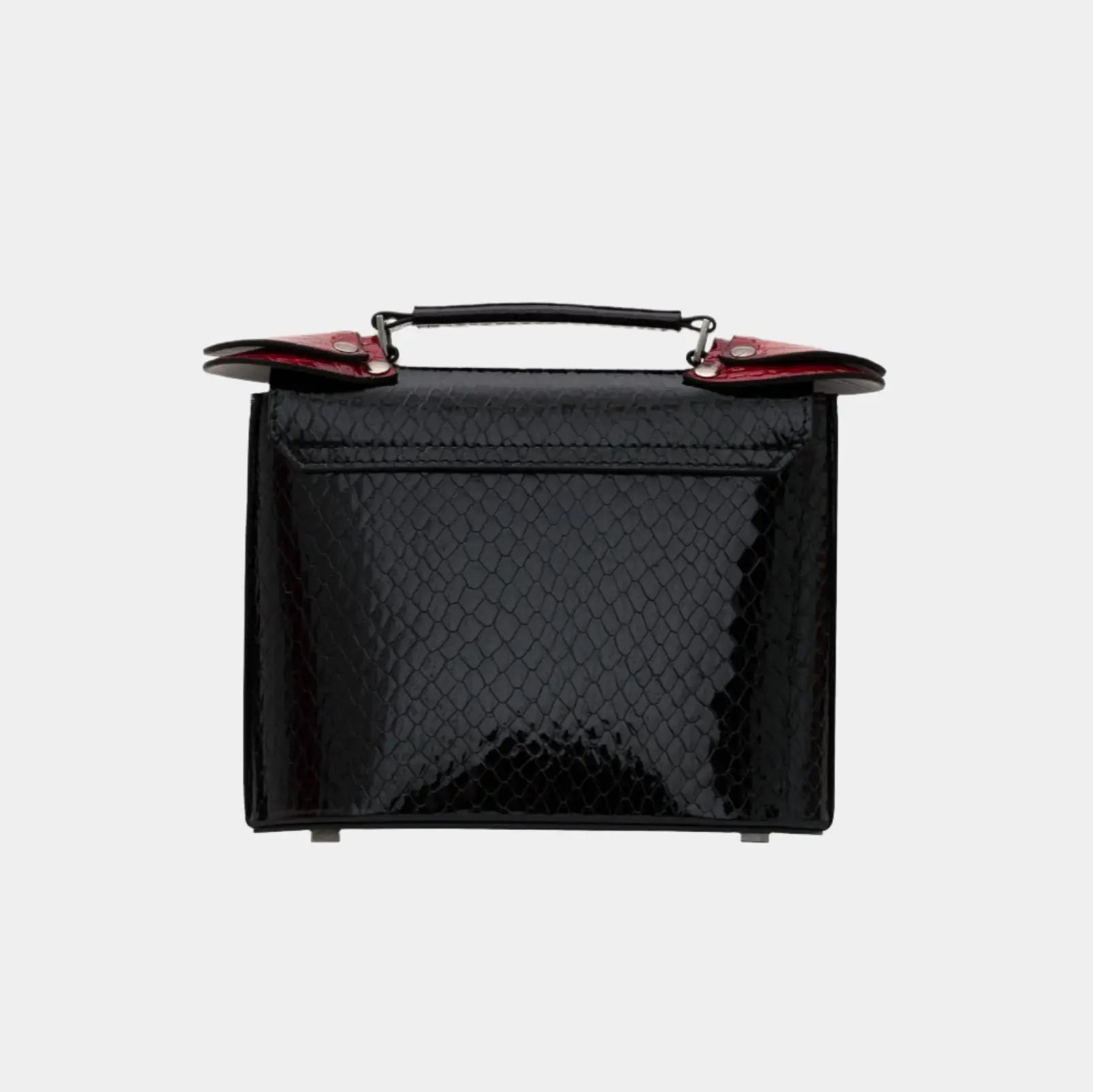 Back view of Candy handbag in glossy black leather with top handle and red leather trim
