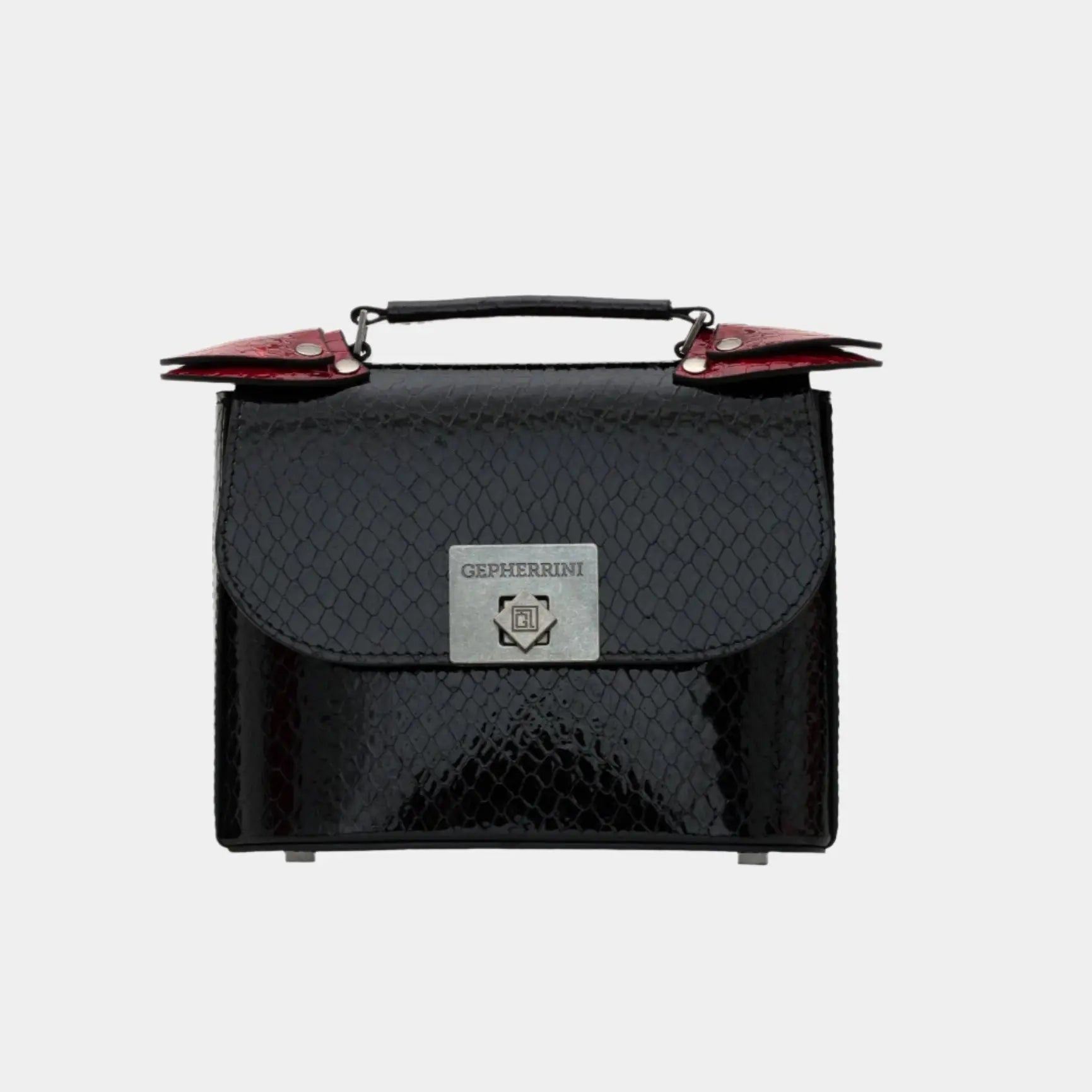 Front view of Candy handbag in black textured leather with bold silver-tone hardware and red flap accents