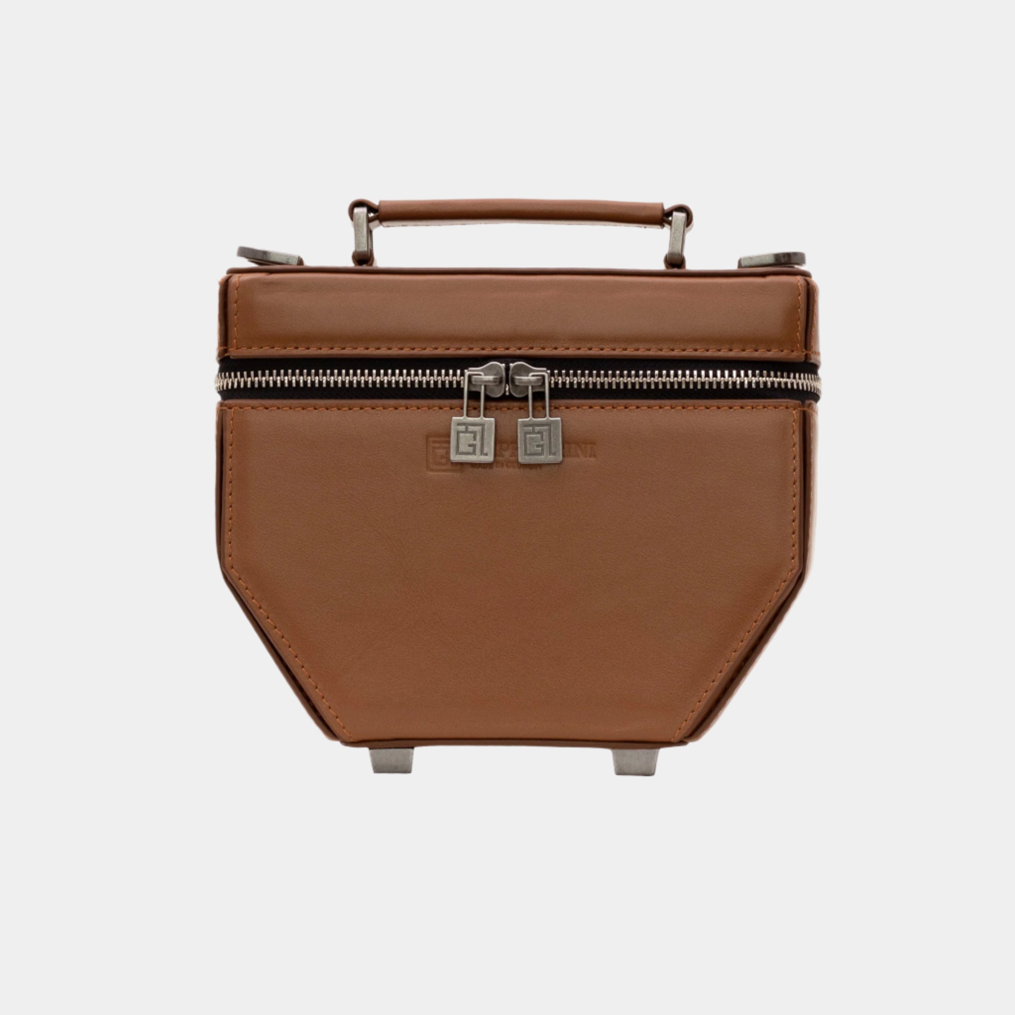 Gepherrini Eileen bag in cognac brown with top handle and silver double zip