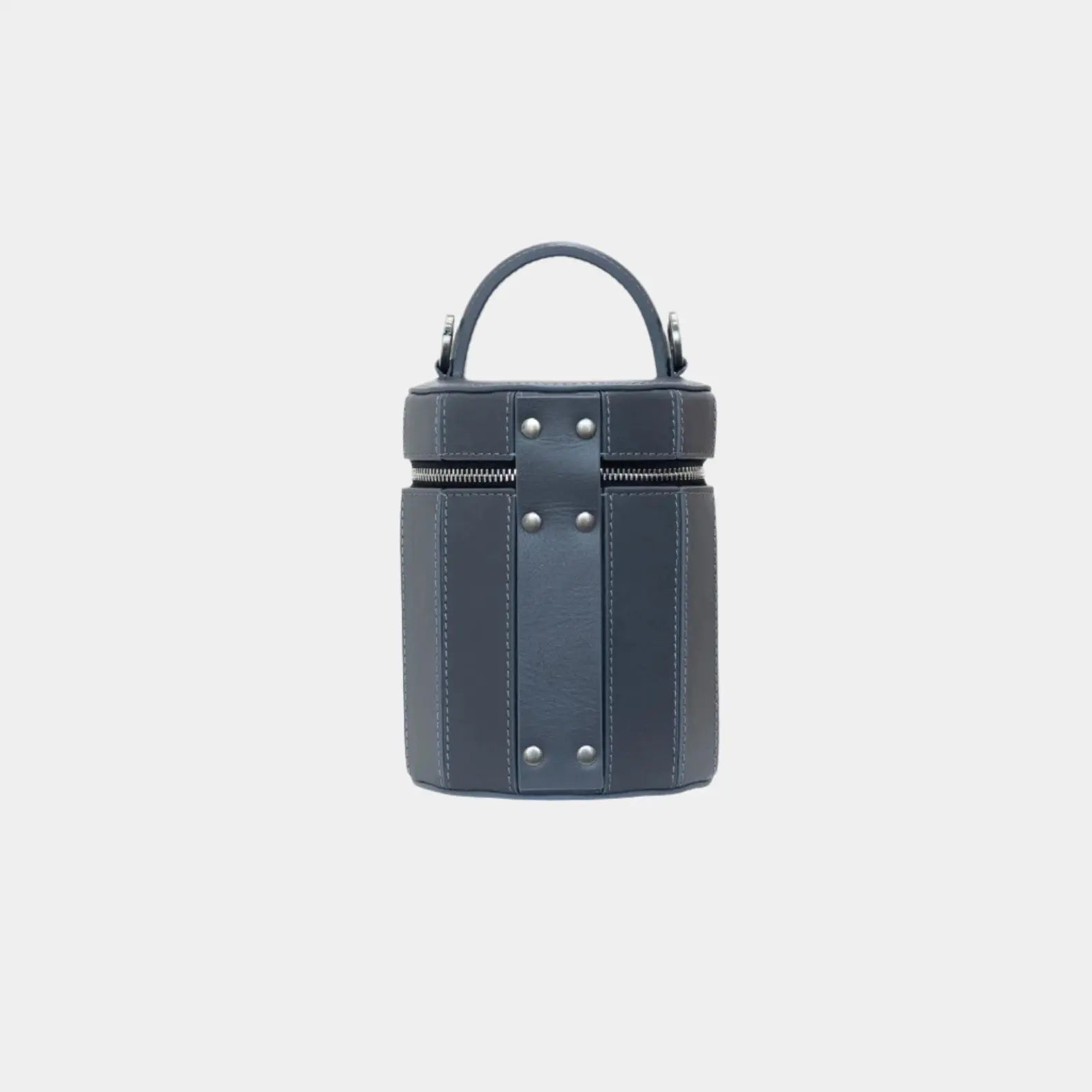 Back of Eleanor handbag in smooth gray leather with subtle seam and minimal design