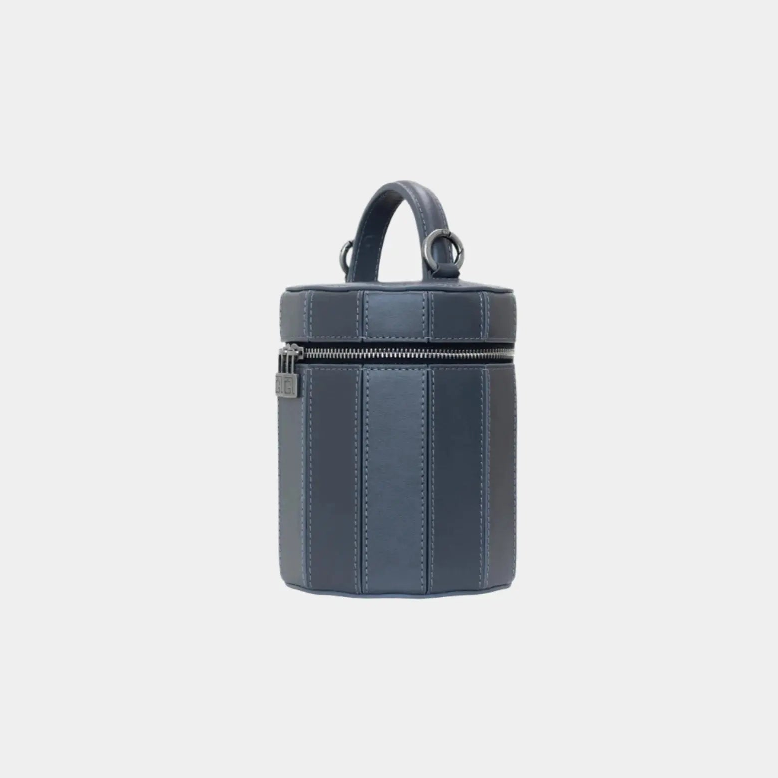 Side angle of Eleanor gray leather shoulder bag showing curved structure and sleek finish