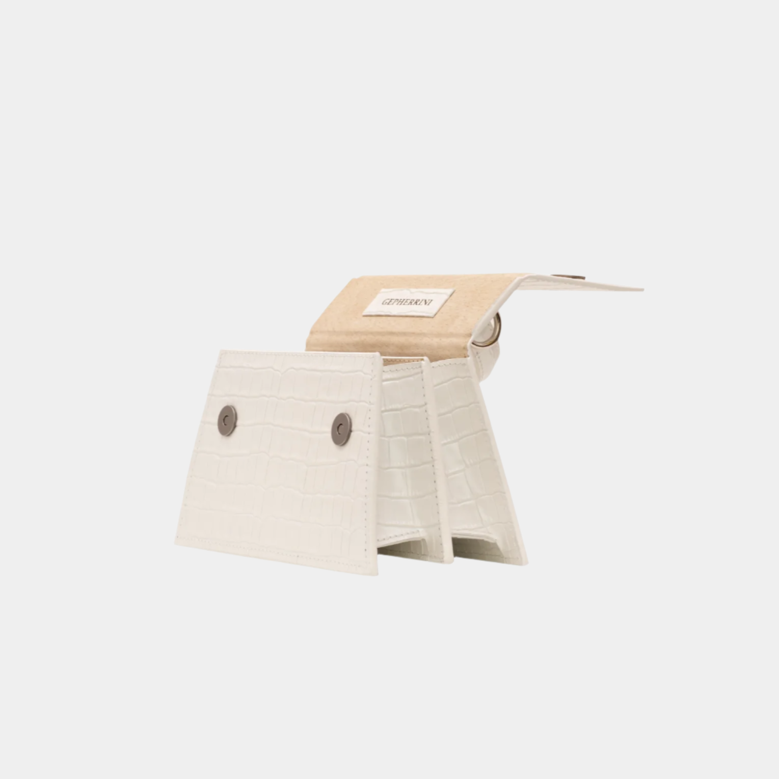 Interior view of Evelyn beige handbag showing compartments and Gepherrini label