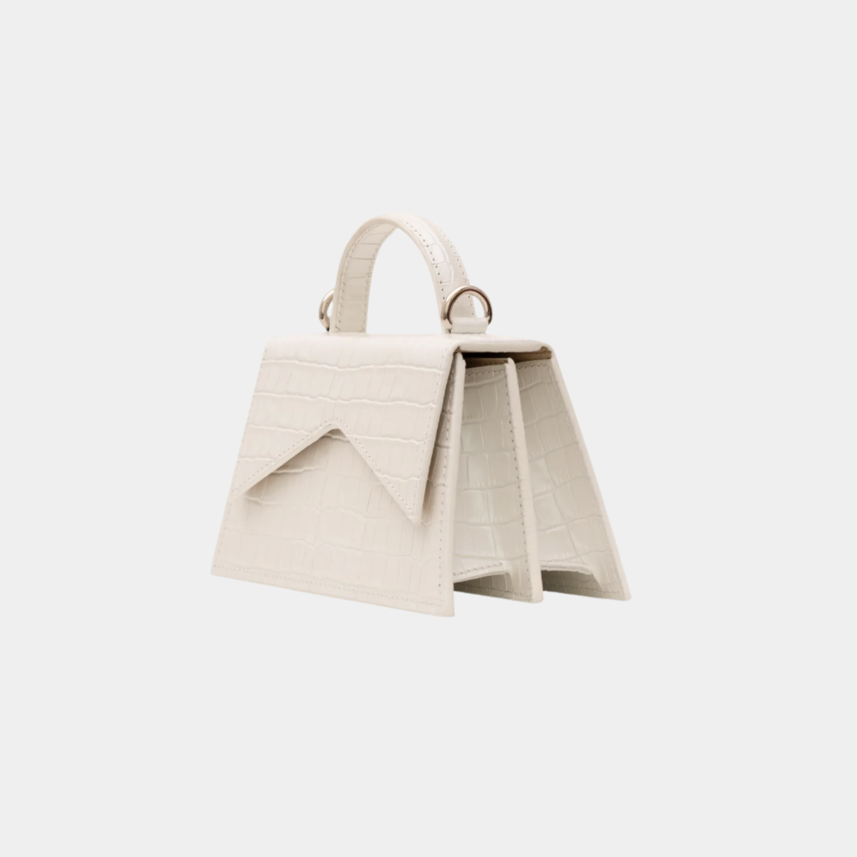 Side view of Evelyn beige croc-embossed leather handbag with top handle