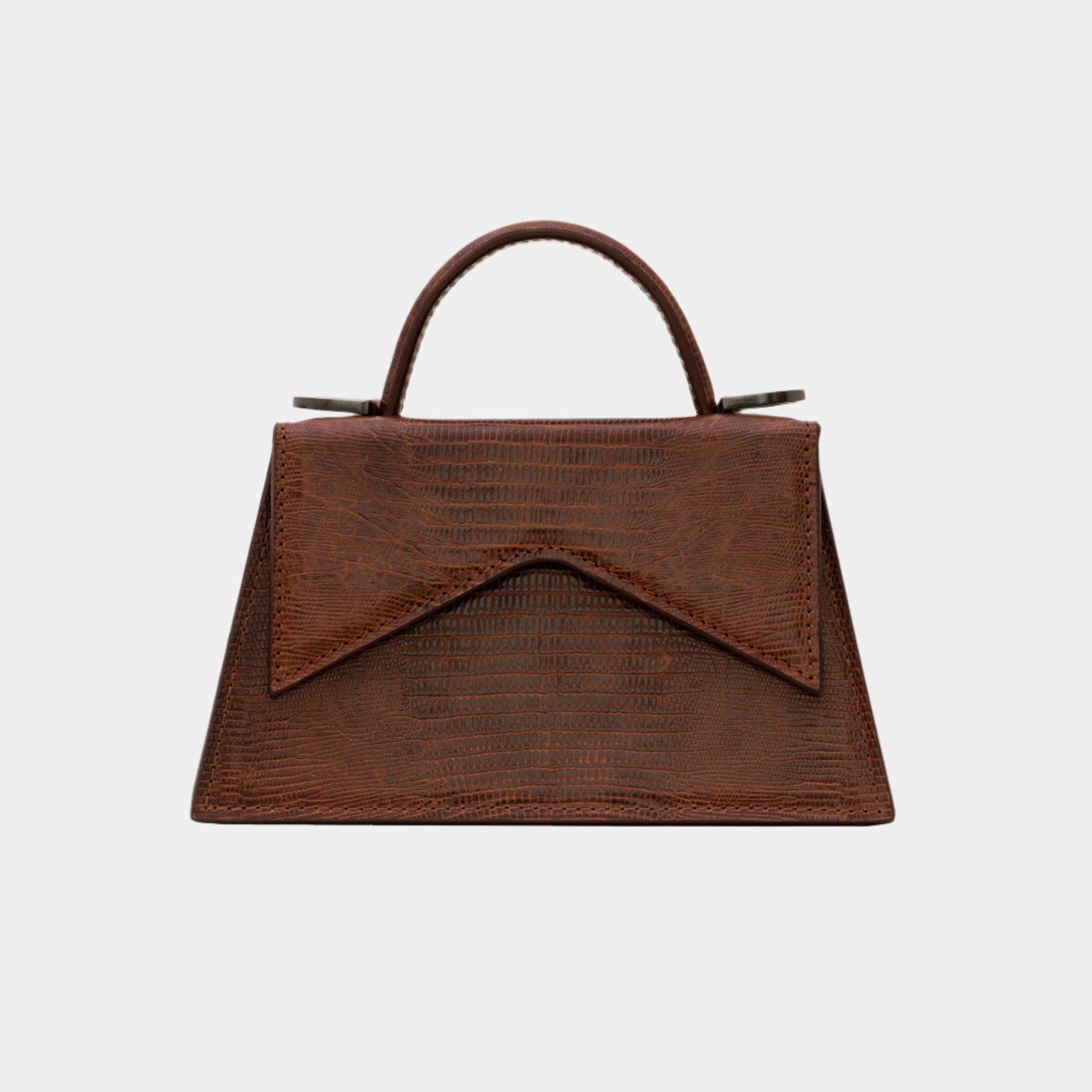 Front view of Evelyn brown handbag with geometric flap and lizard-textured finish