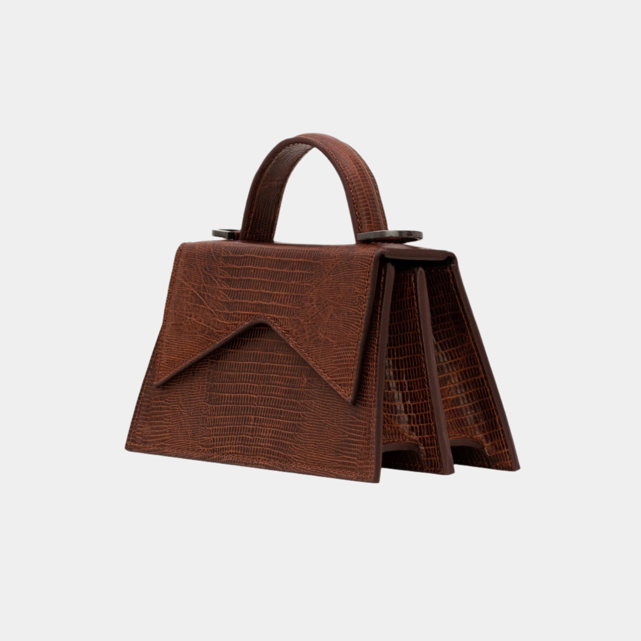Side view of Evelyn brown trapeze-shaped handbag in textured leather with top handle