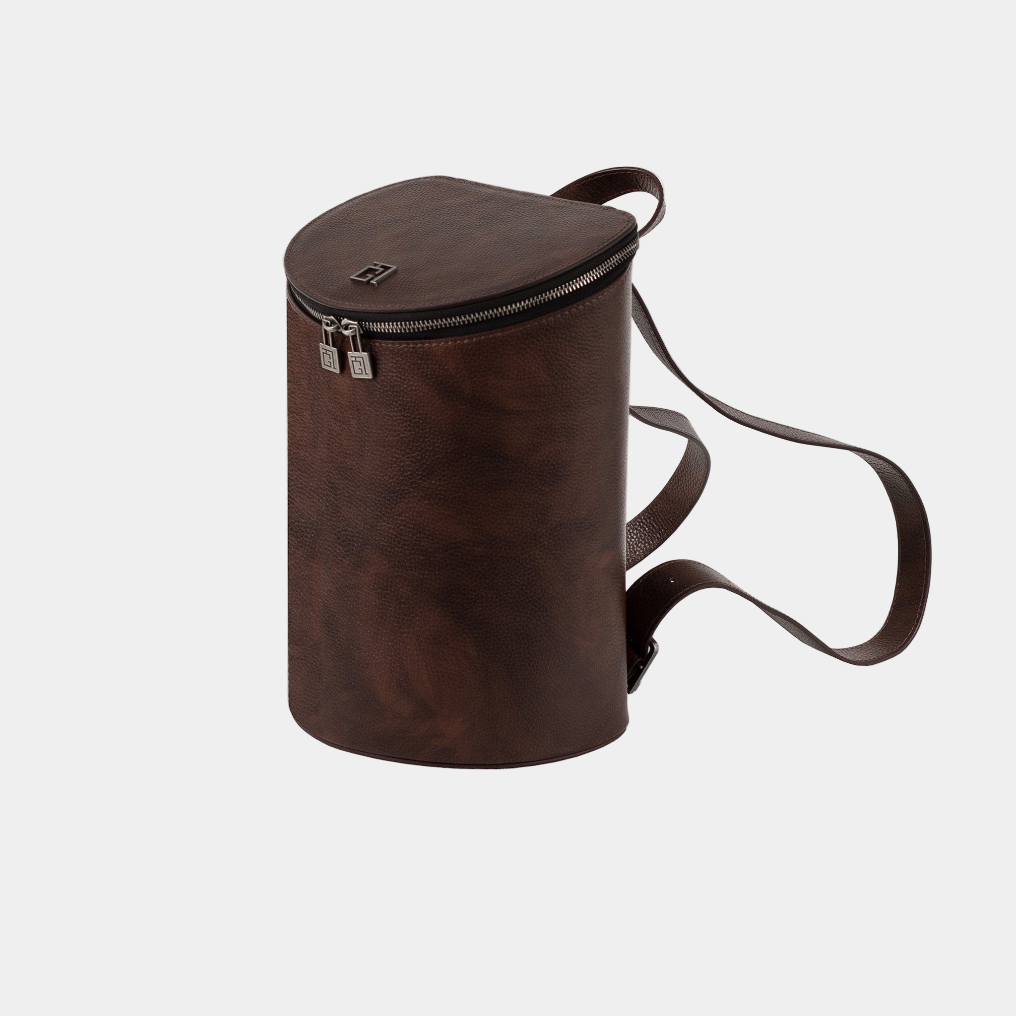 Frida backpack in dark brown genuine leather – cylindrical shape with dual zipper and structured silhouette