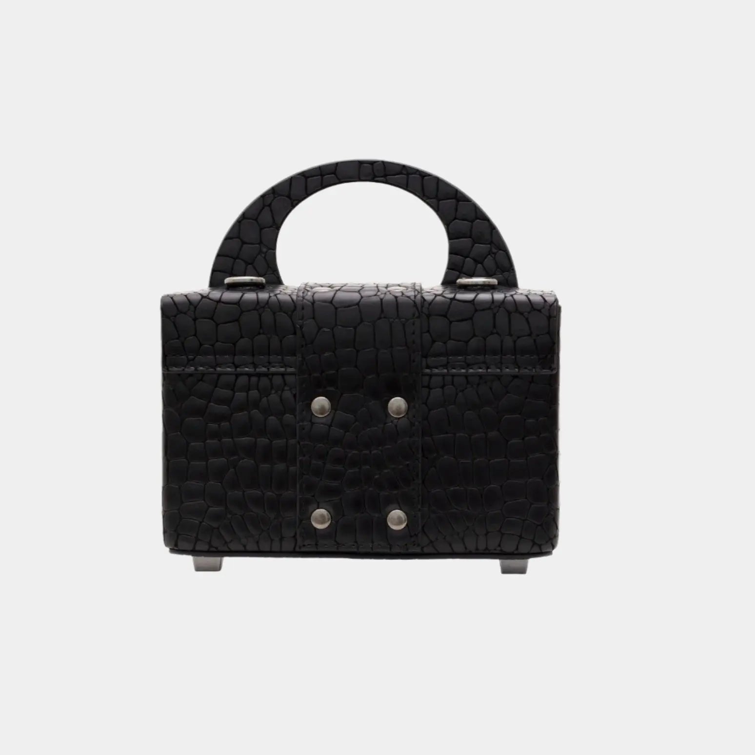 Back view of the Genesis handbag in black leather featuring rivet accents and croc texture