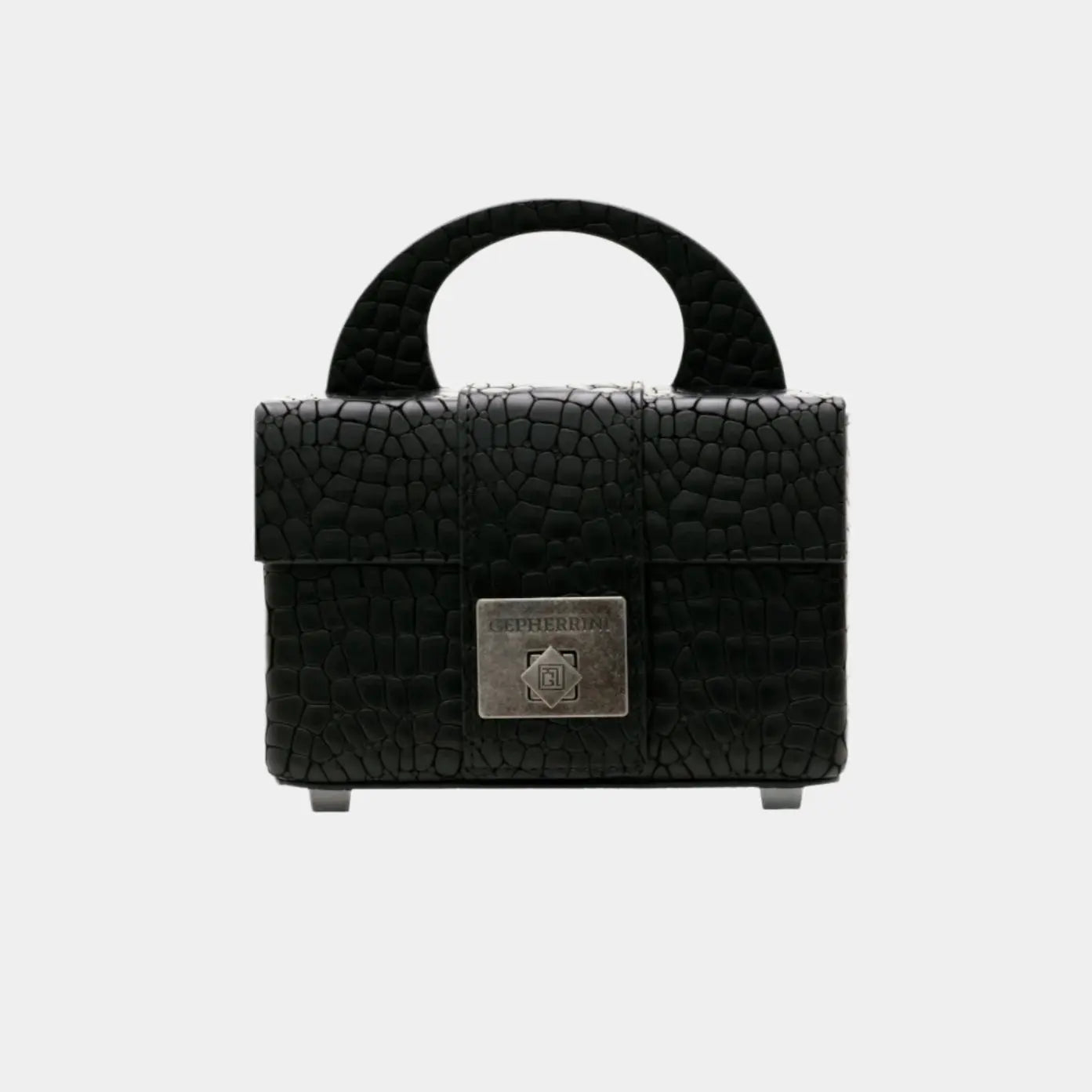 Front-facing image of the Genesis bag in black croc-embossed leather with metallic turn-lock closure