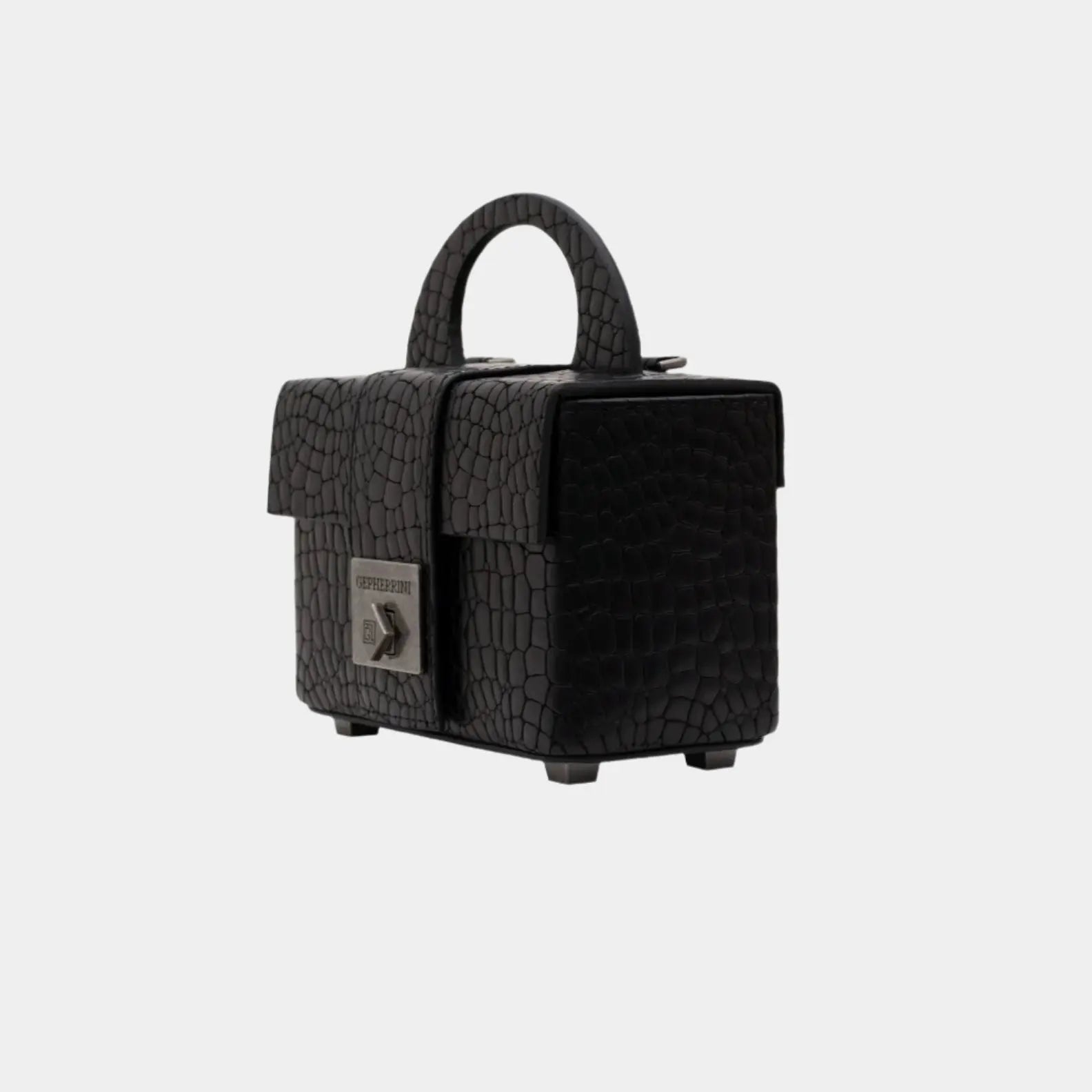 Side view of the Genesis bag in black croc-embossed leather with vintage-style top handle