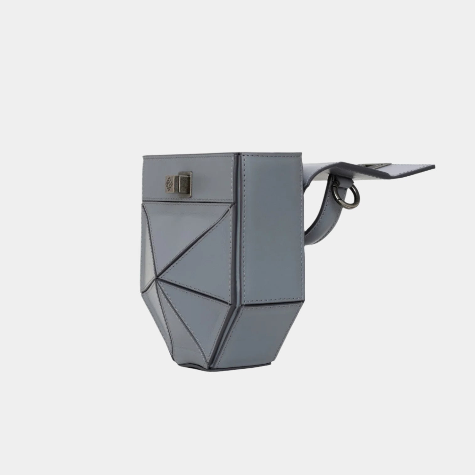 Isla bag in grey shown open with top flap lifted and structural sides visible
