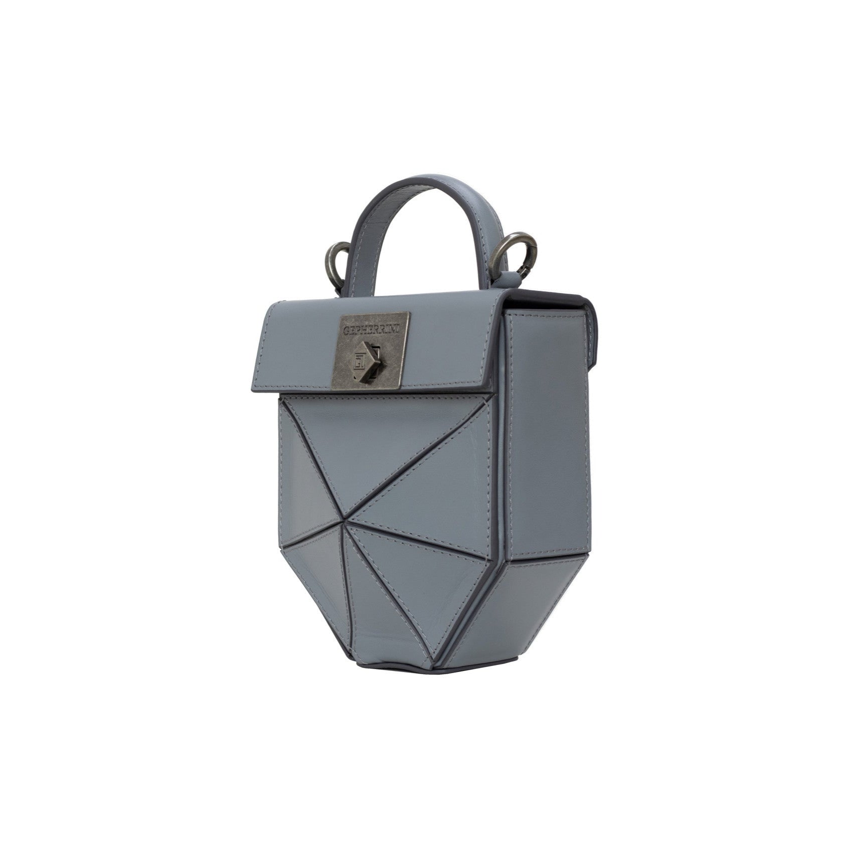 Side angle of Isla bag in slate grey showcasing origami-inspired structure