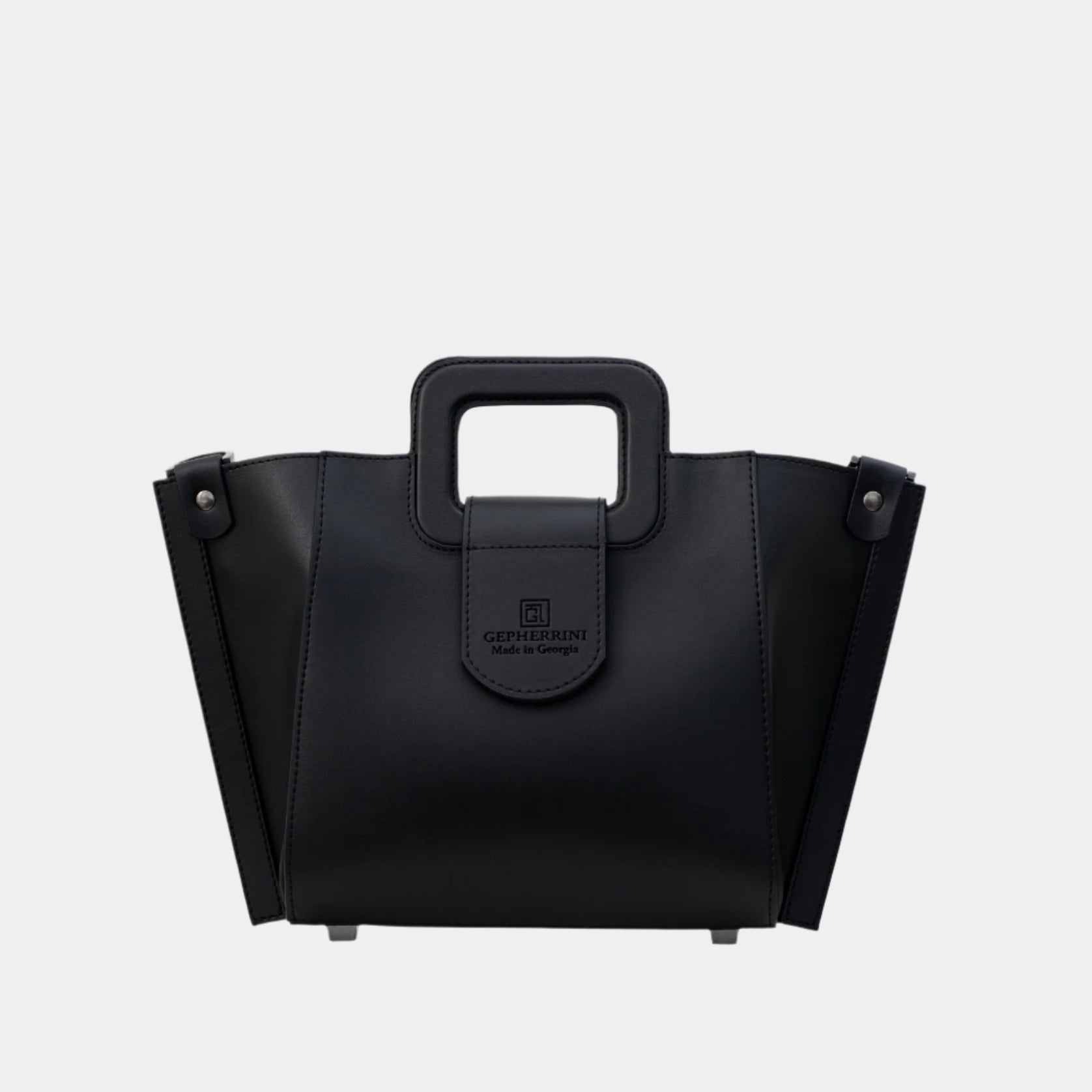 Black structured vegan leather handbag with angular silhouette and top handle, front view of Ivea Bag by Gepherrini.