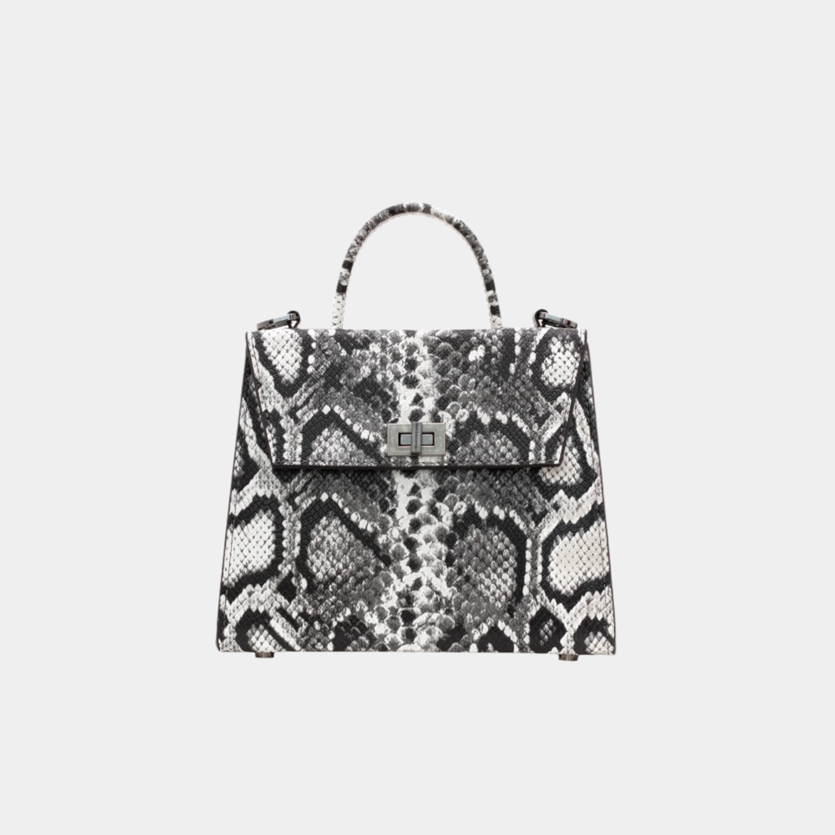 Front view of Kira ash black snake print leather handbag with top handle