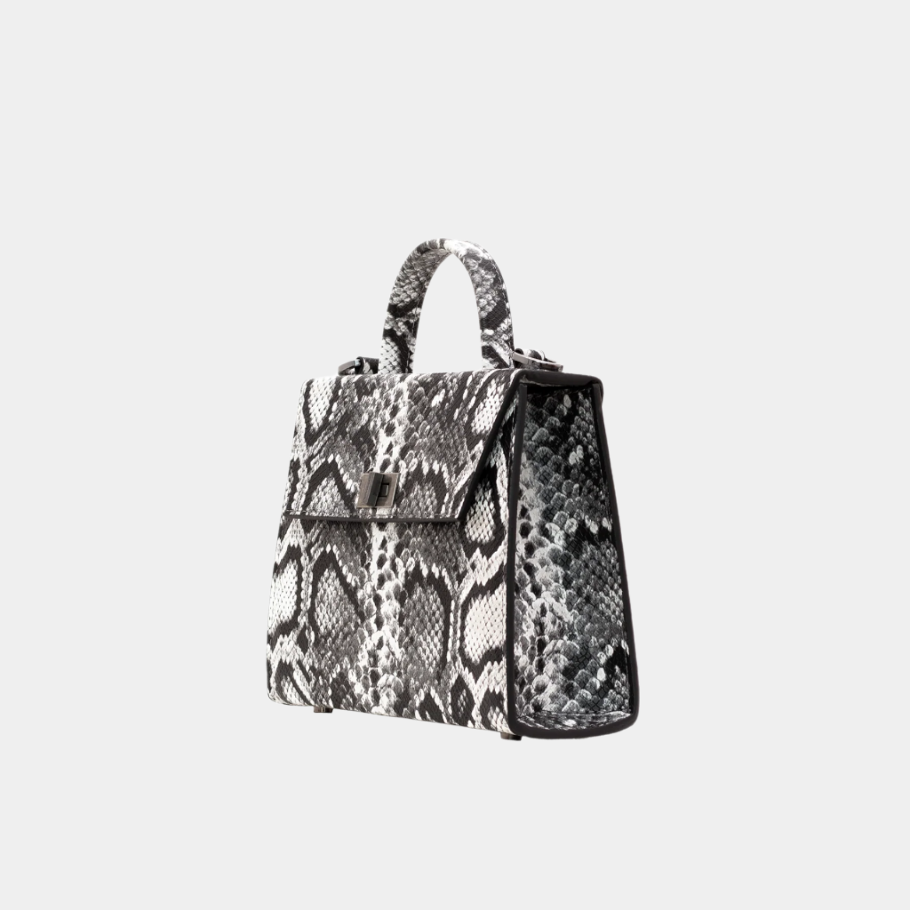 Side profile of Kira ash black snake print structured leather handbag