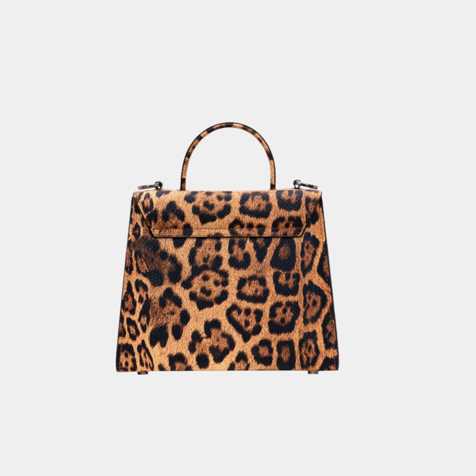 Rear view of Kira caramel leopard print leather handbag with handle