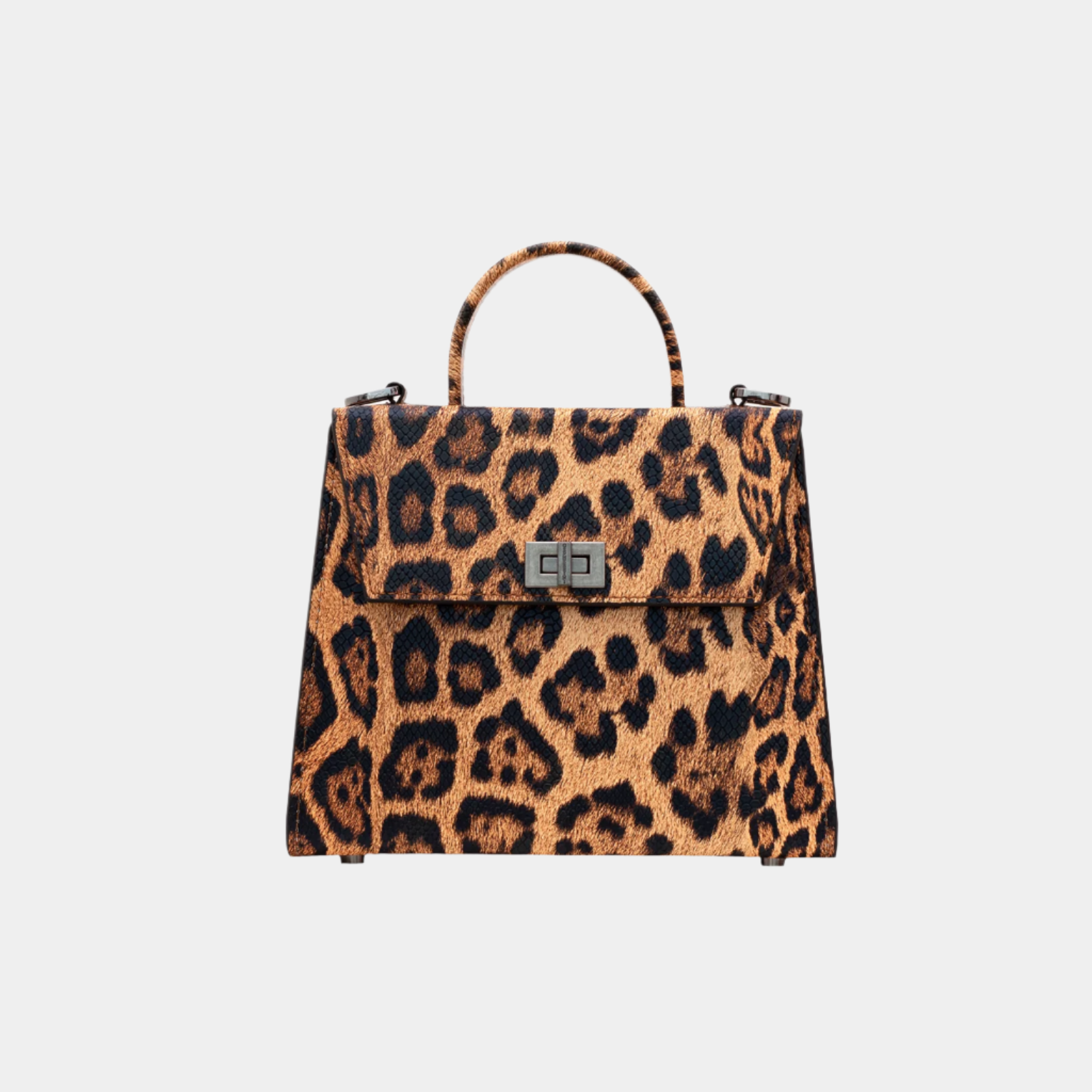Front view of Kira caramel leopard print structured leather handbag