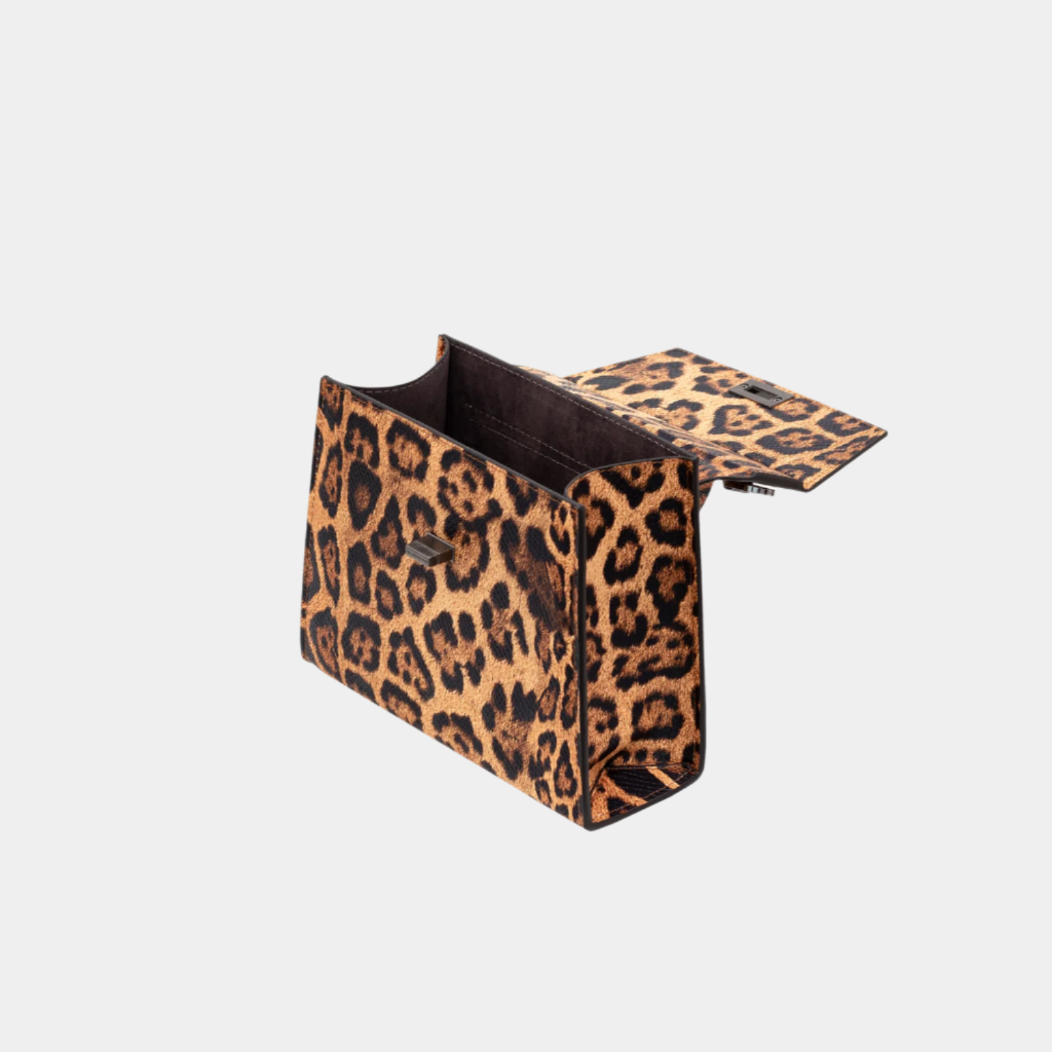 Opened caramel Kira handbag showcasing leopard print leather interior