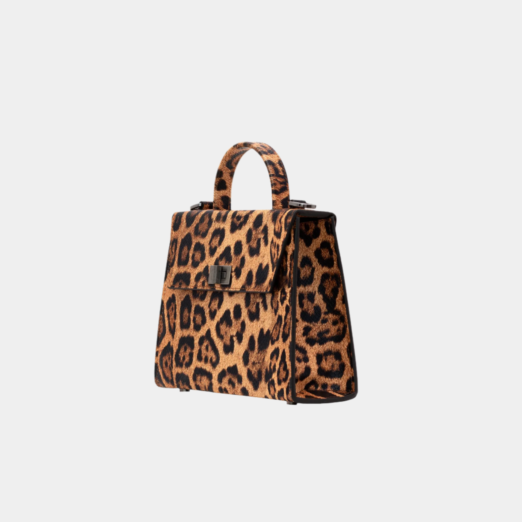 Side view of Kira caramel leopard print leather handbag with top handle