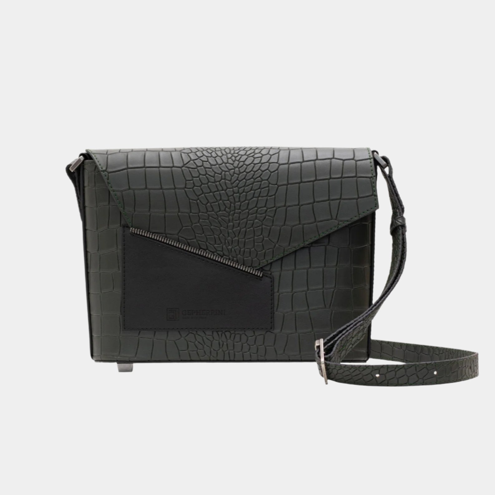 Lita shoulder bag in moss green croc-embossed leather, front view with flap closed.