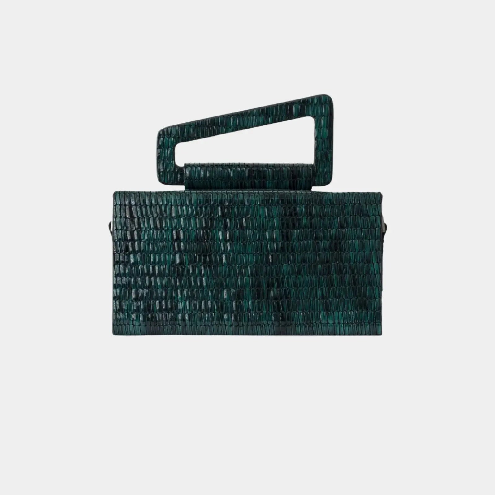 Back view of Lucia bag in deep green crocodile-embossed leather with statement handle design
