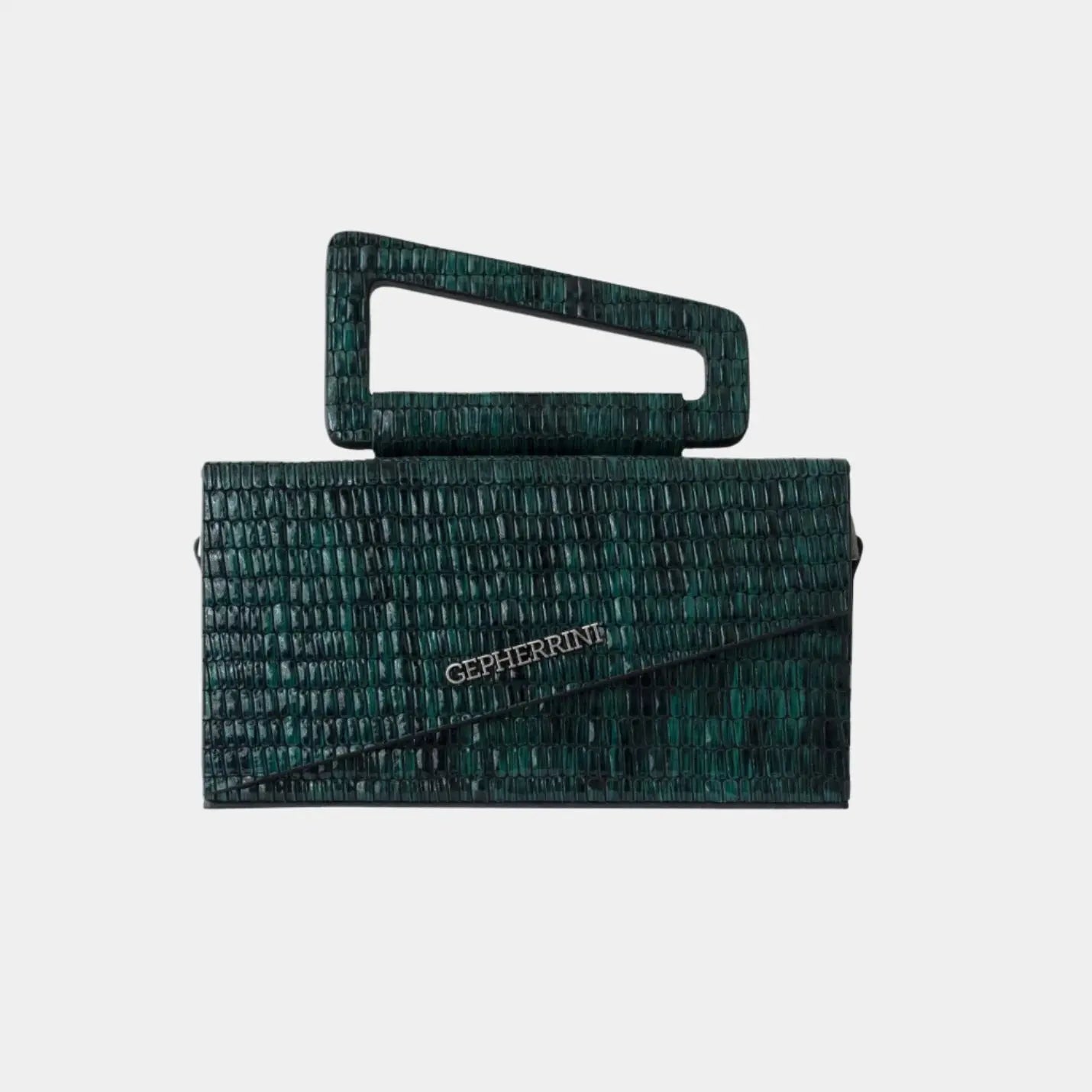 Front view of Lucia handbag in crocodile-embossed green leather with geometric handle and Gepherrini logo