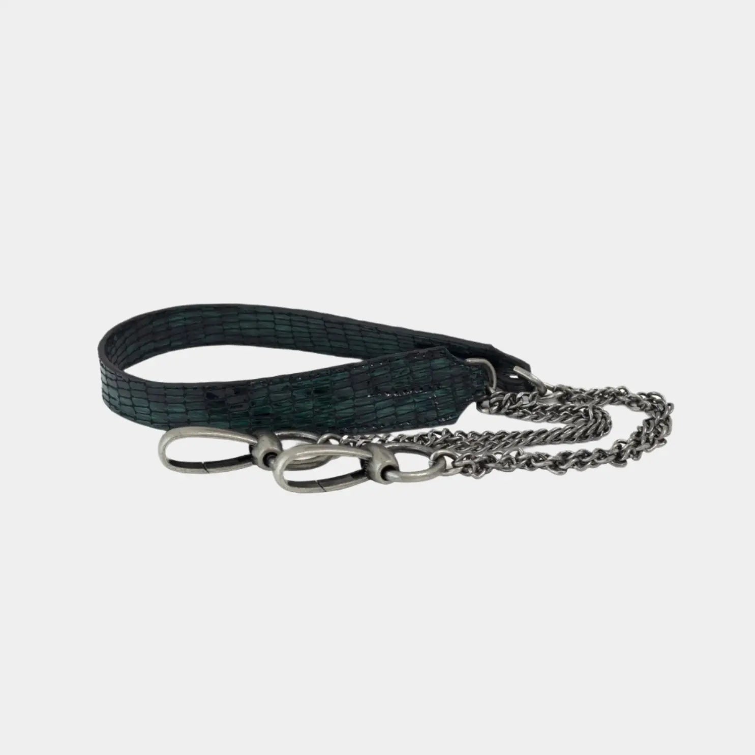 Detachable green leather strap with silver chain links for versatile styling on the Lucia handbag