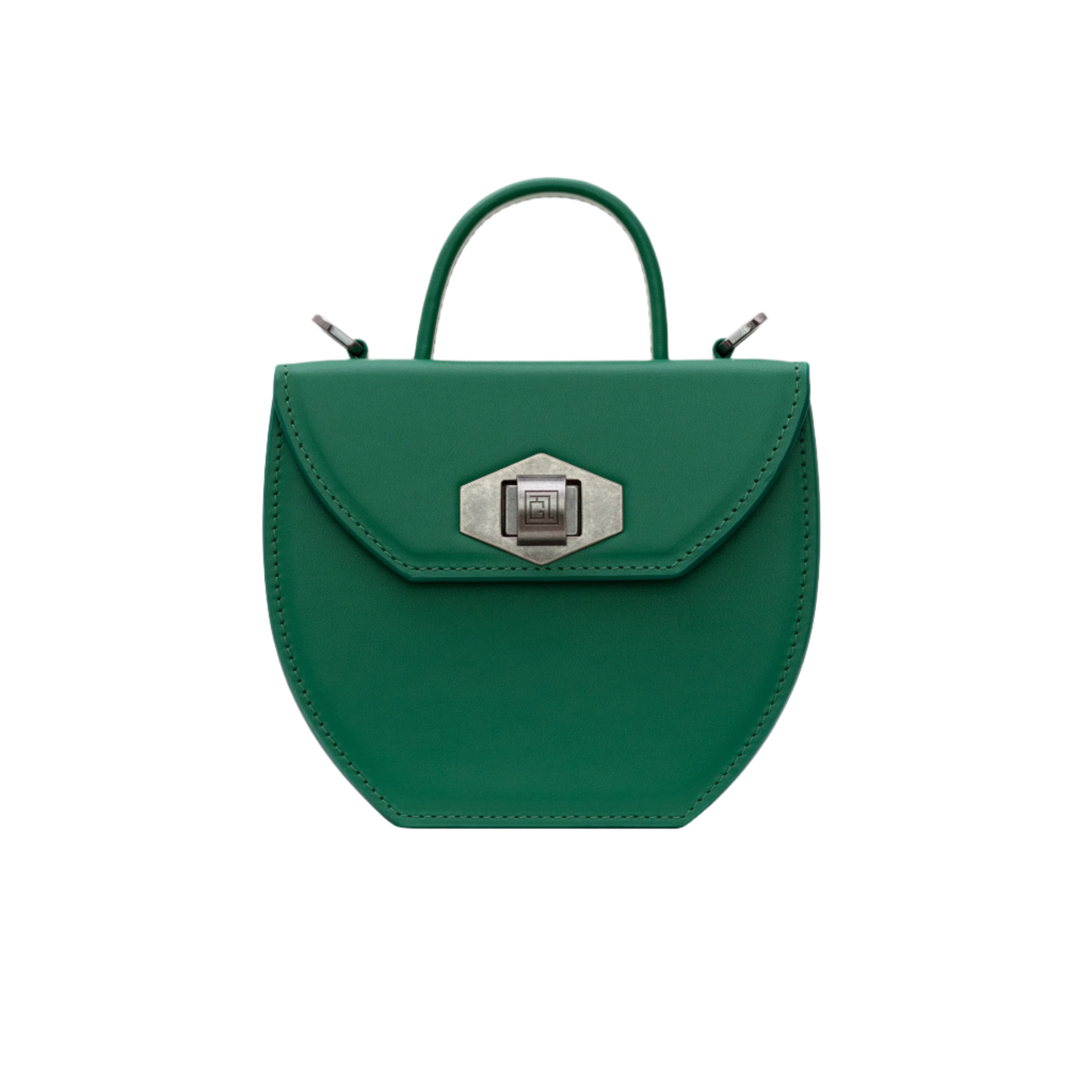 Front view of Malisa handbag in green leather with hexagonal twist-lock closure and curved flap