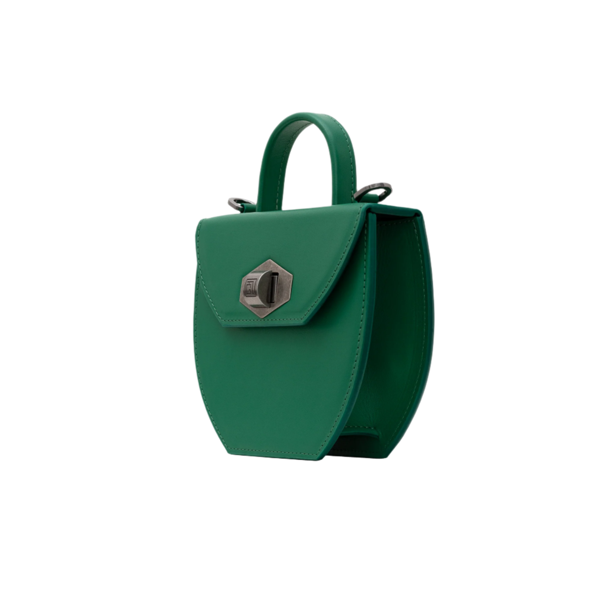 Side angle of Malisa green leather handbag showcasing structured silhouette and top handle