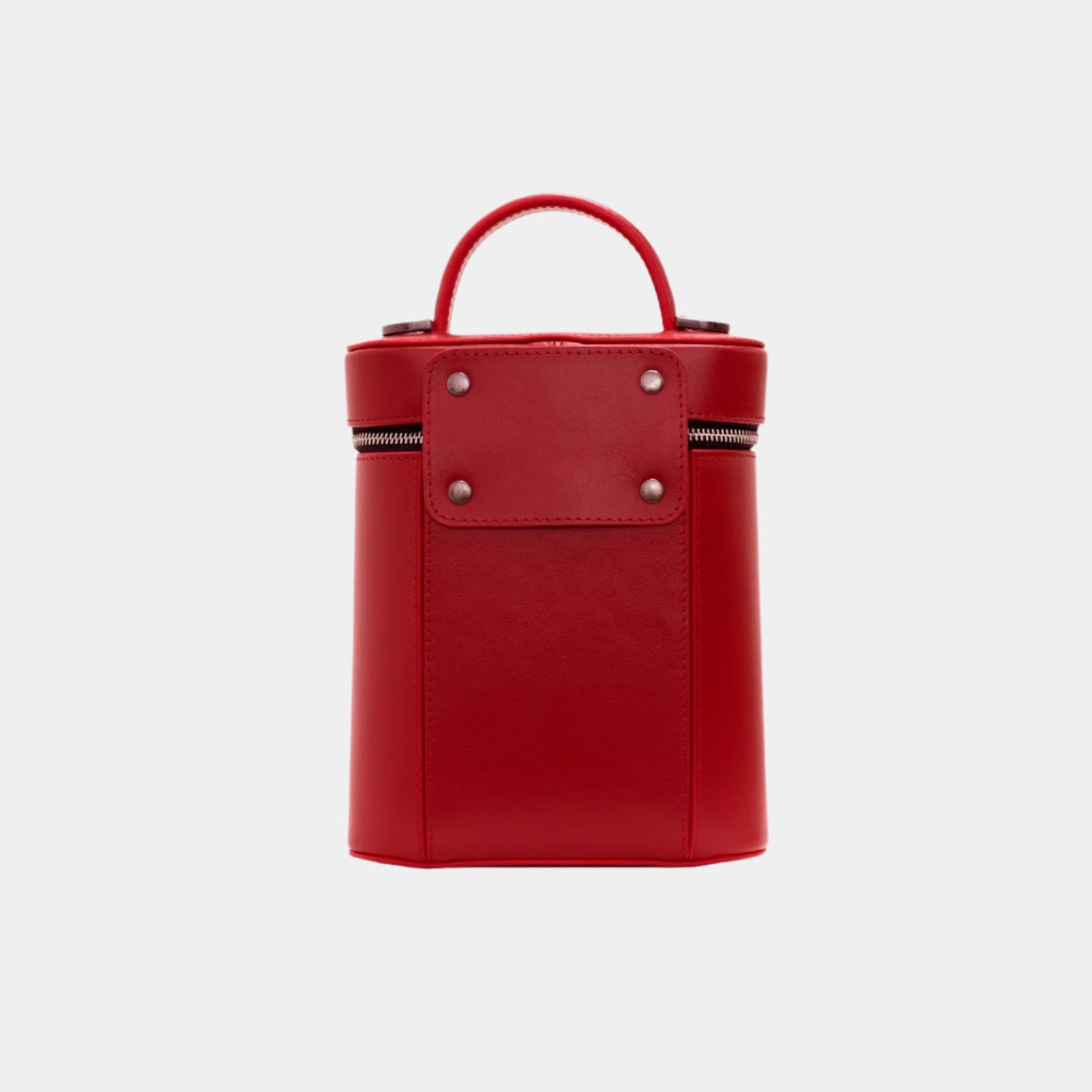 Back view of Mia red leather handbag with riveted leather patch design