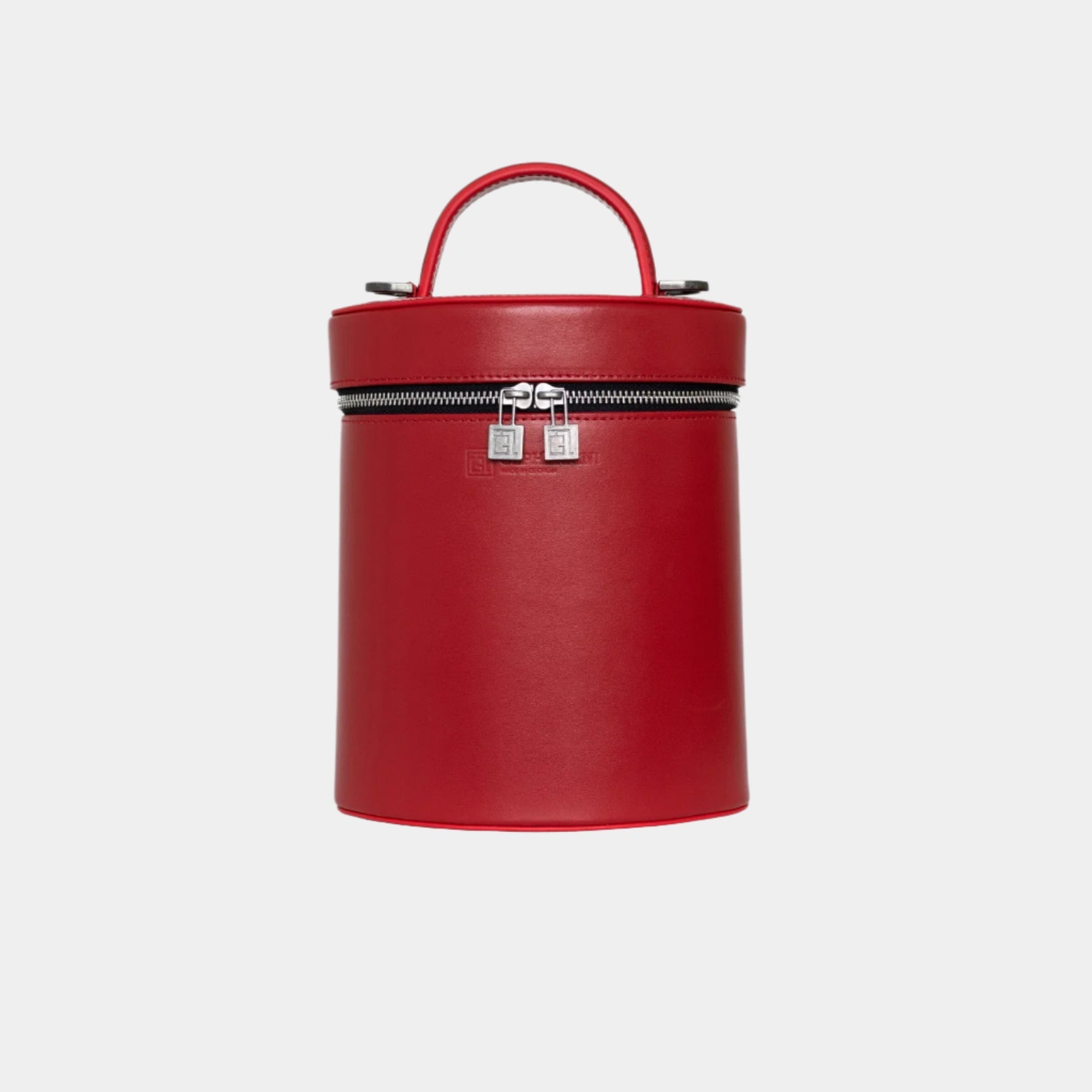Front view of Mia handbag in vibrant red leather with silver-tone zipper and top handle
