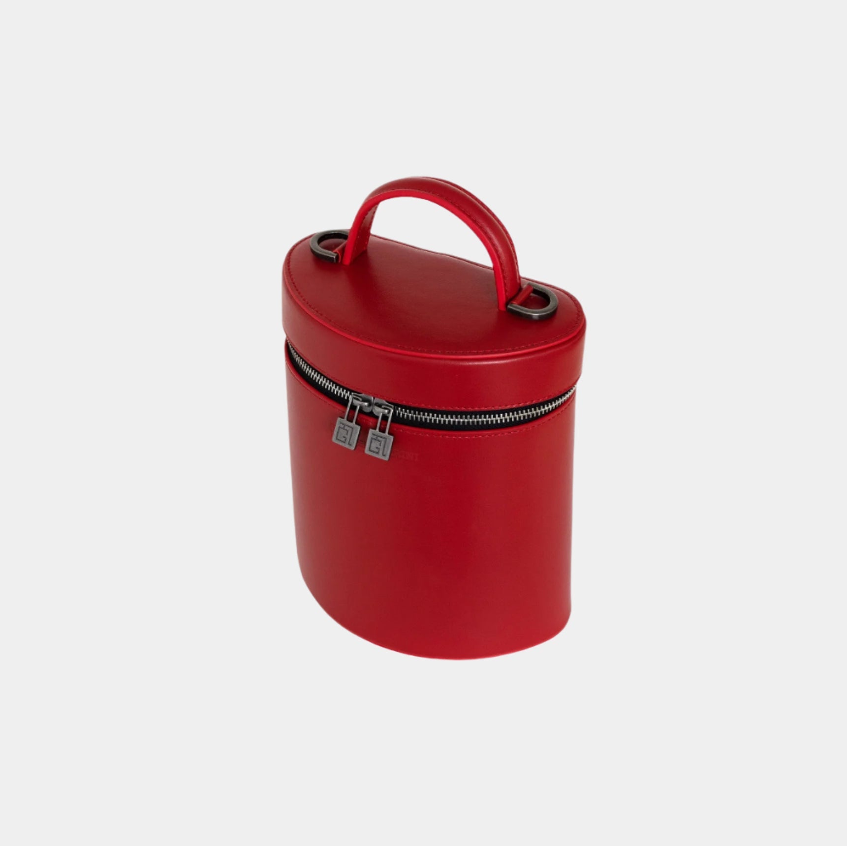 Top-down angle of Mia handbag showing structured red leather body and rounded handle