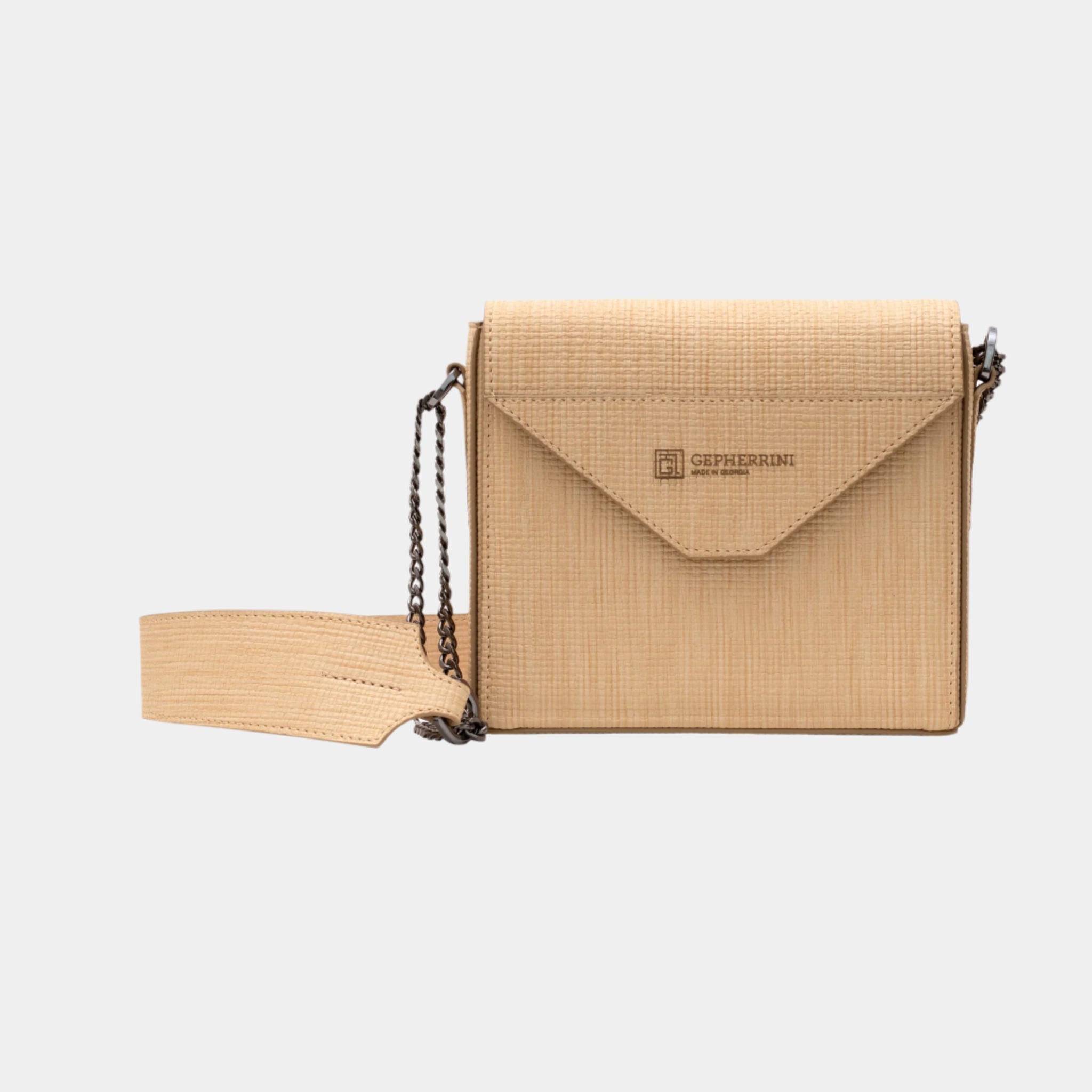 Gepherrini Nisa crossbody bag in beige with flap closure and chain strap