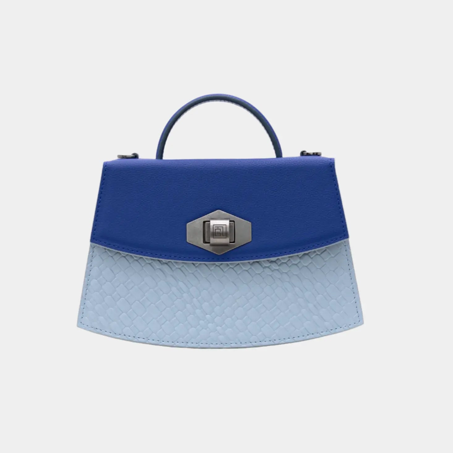 Front view of Opal handbag in two-tone blue leather with silver-tone geometric lock