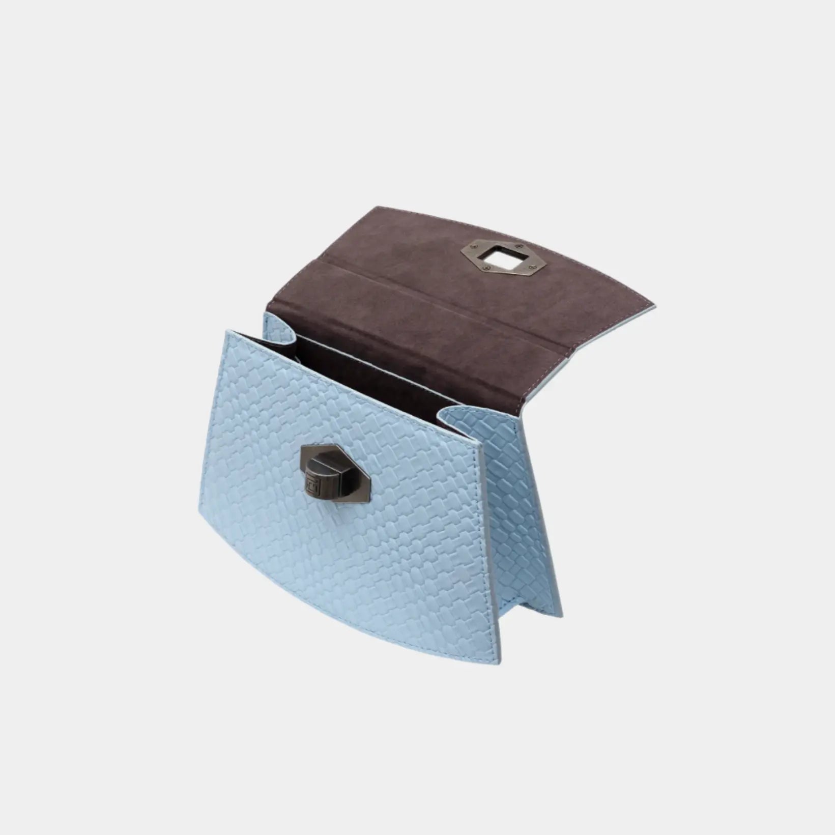 Open view of Opal handbag showing interior space and suede-lined flap in blue duo design