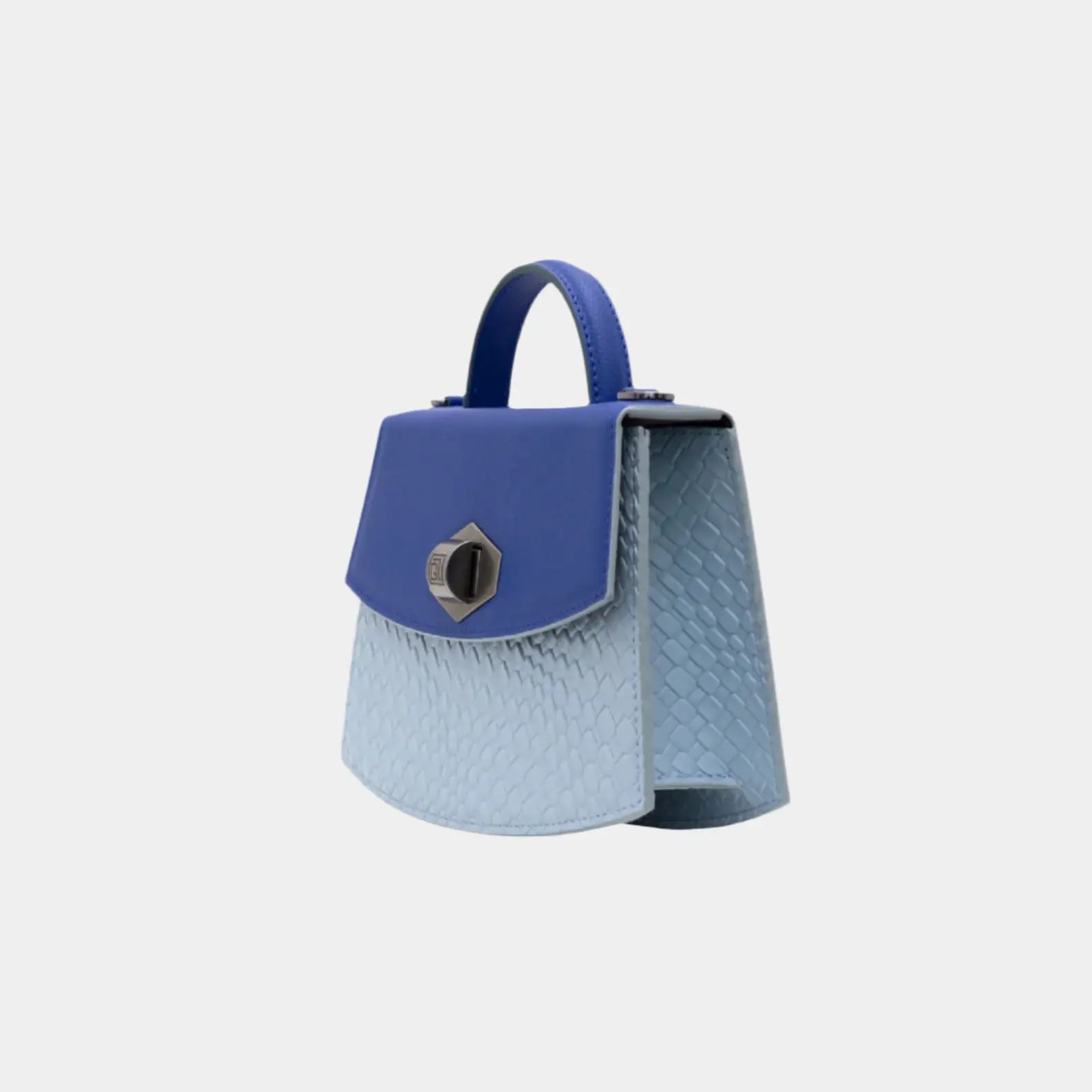 Side profile of Opal handbag highlighting its curved silhouette and textured lower half
